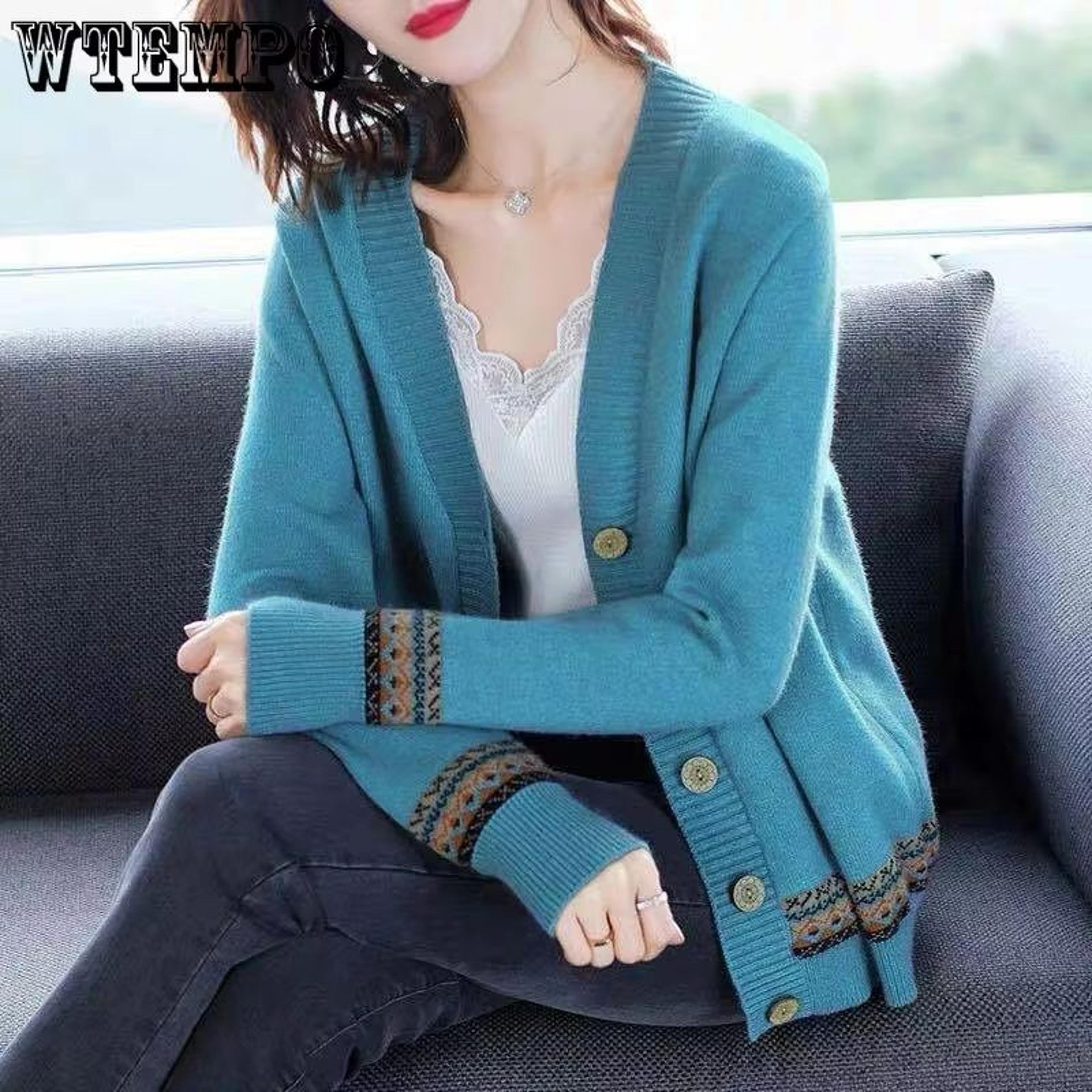 softspring loose v-neck button cardigan – korean-style long-sleeve knit