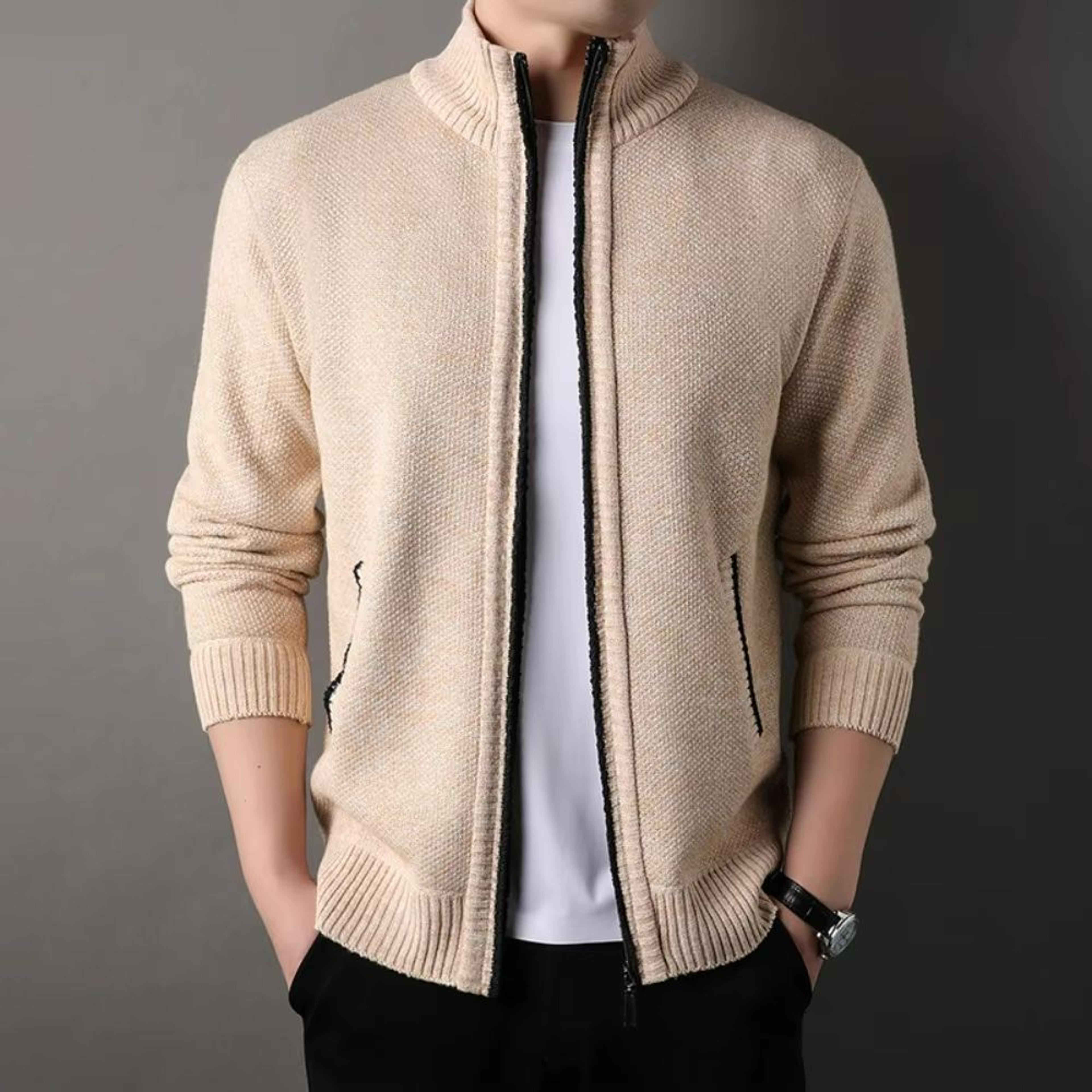urbanedge men's stand-up collar knit cardigan – slim fit winter sweater jacket
