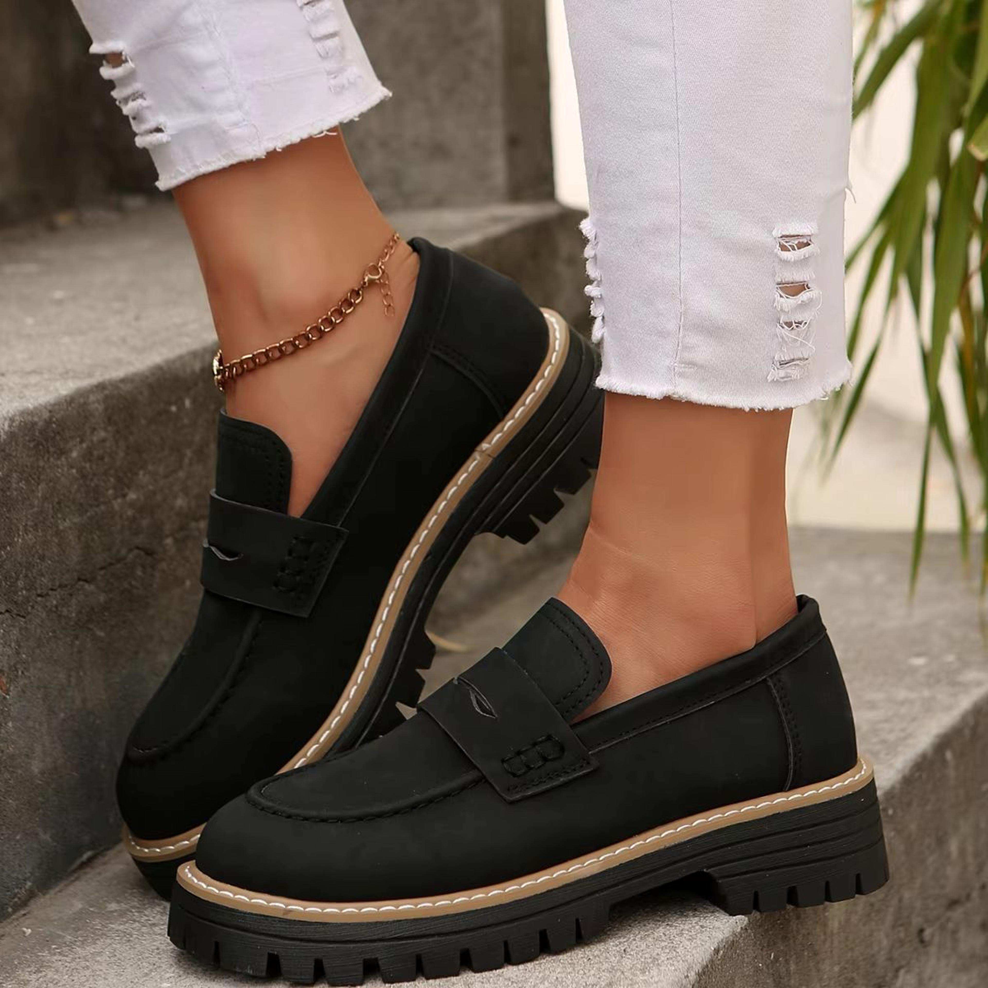 women's retro british style chunky heel shoes – casual sandblasted leather single shoes