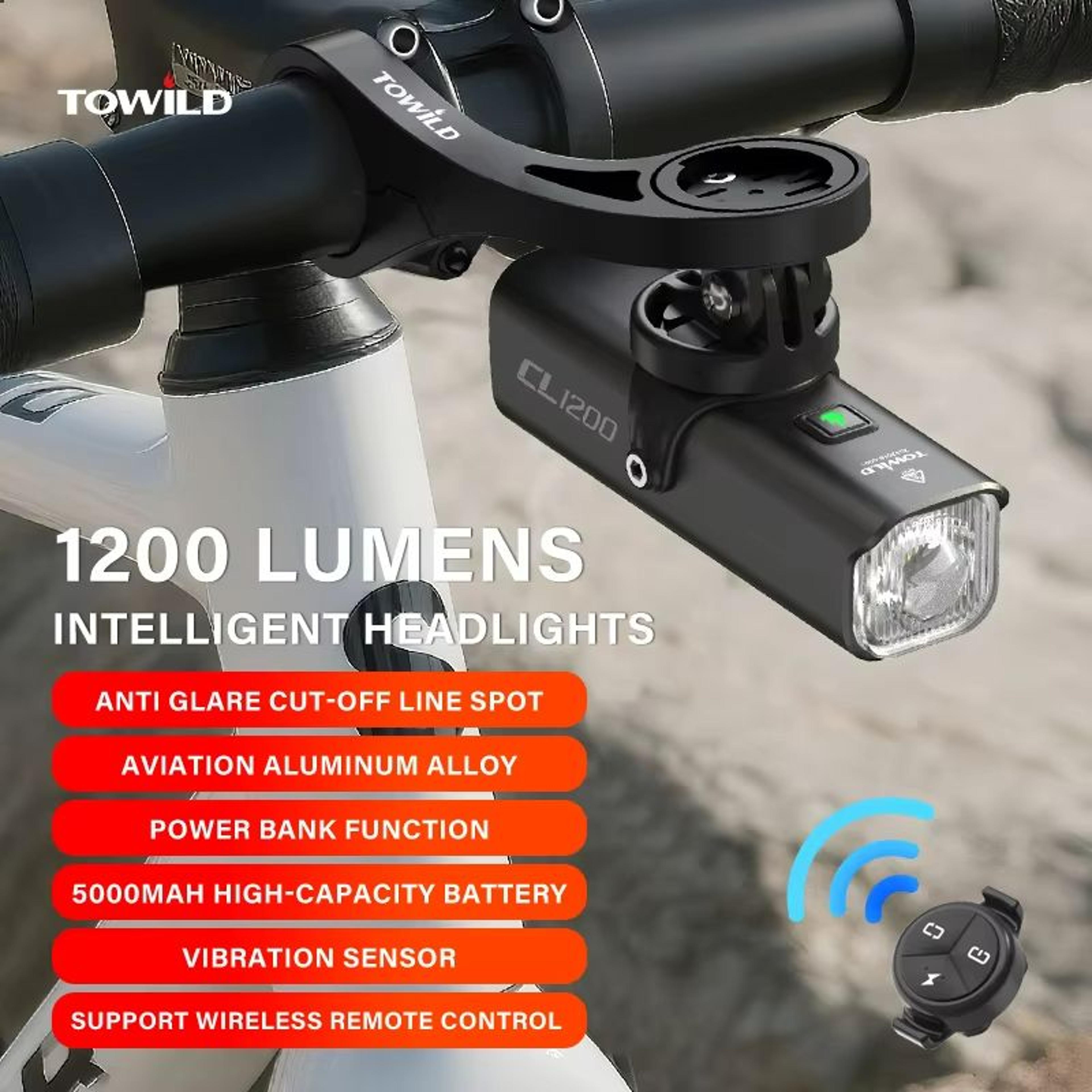 towild cl1200 smart bike headlight – 1200 lumen usb-c rechargeable bicycle light with remote control & 5000mah battery