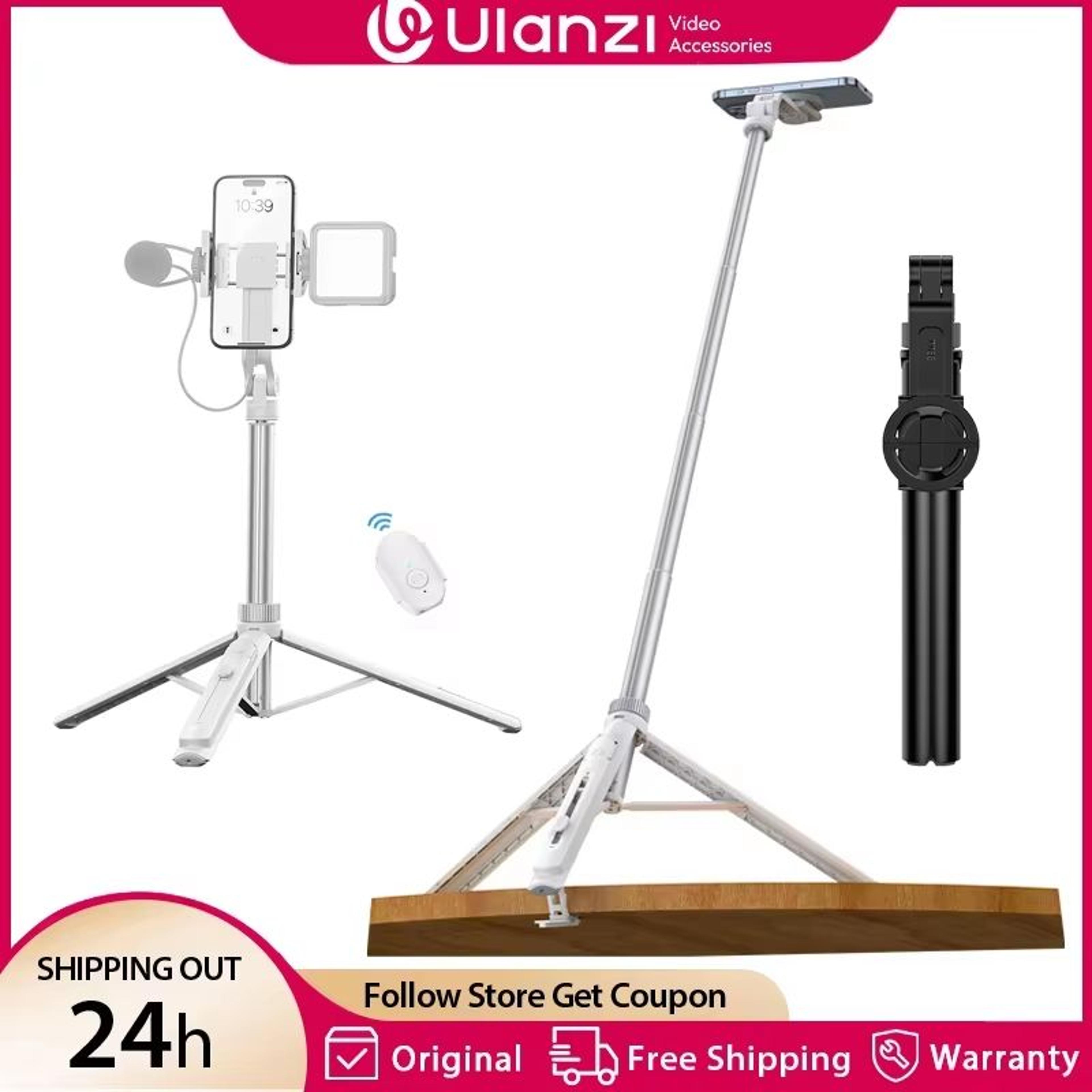 ulanzi tt88 overhead phone tripod – 1.44m extension selfie stick with magnetic clamp & wireless remote for vlogging and