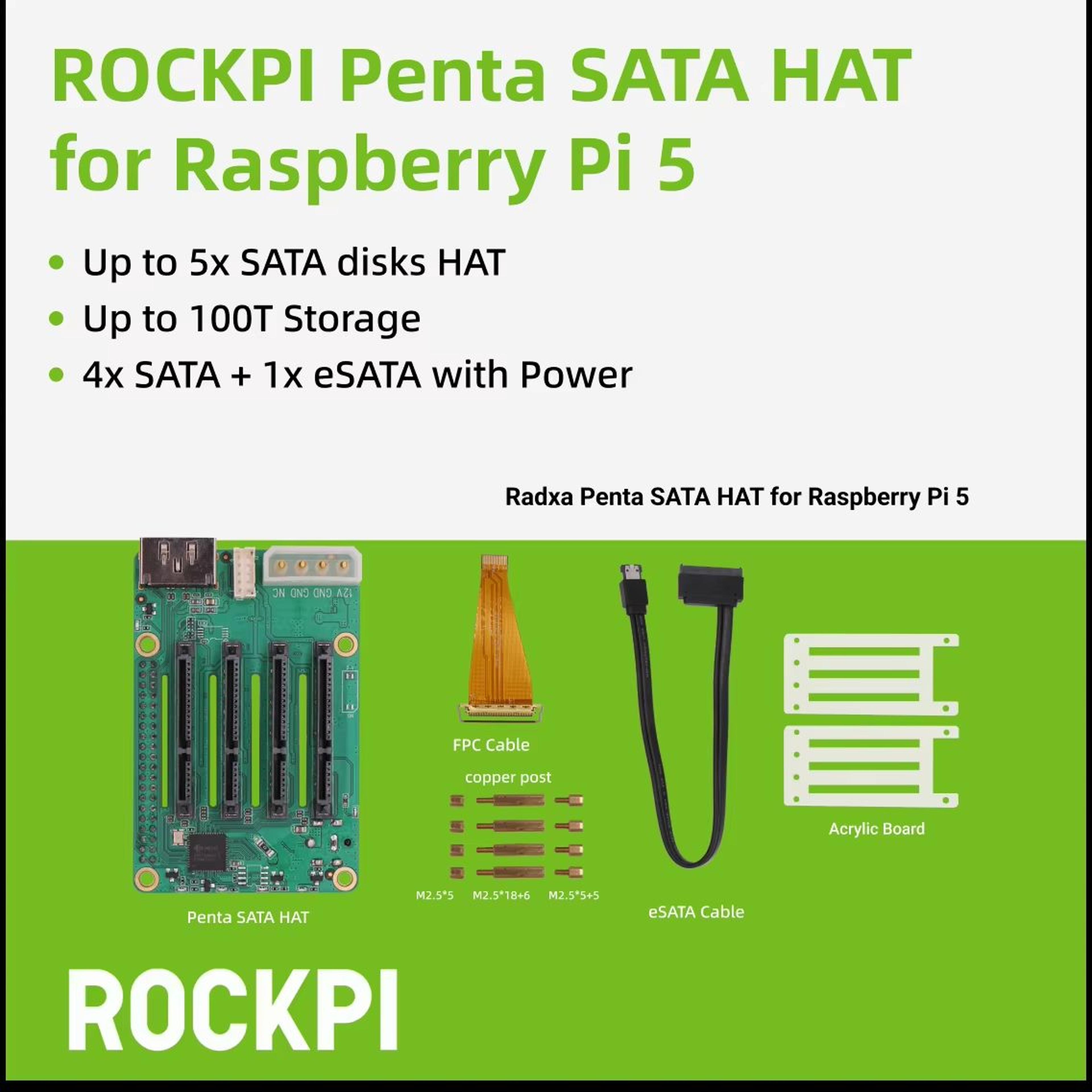 rockpi penta sata hat – 5-bay storage expansion for raspberry pi 5 & rock pi sbcs