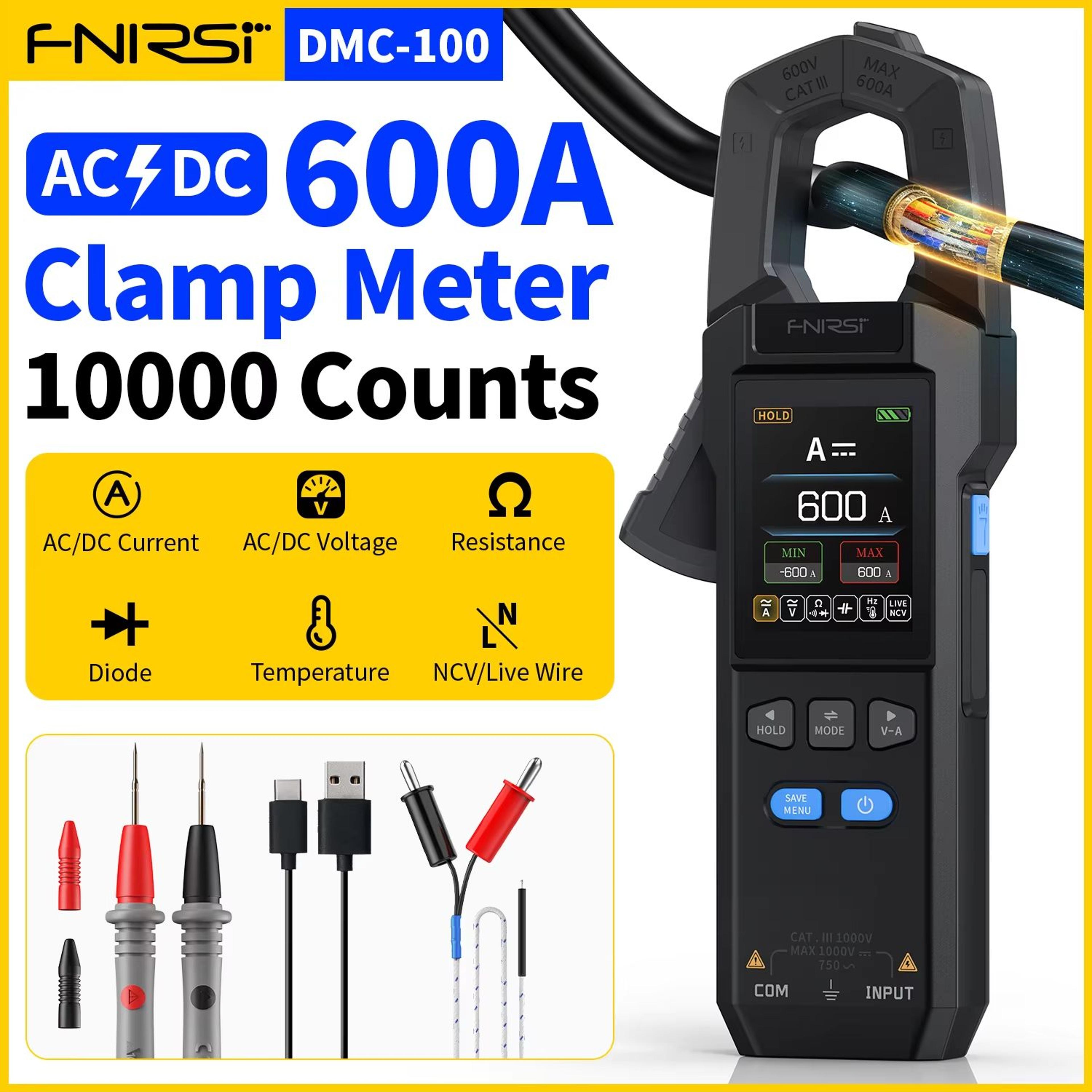 fnirsi dmc-100 digital clamp meter with dc/ac current measurement, 10000 counts, and usb charger
