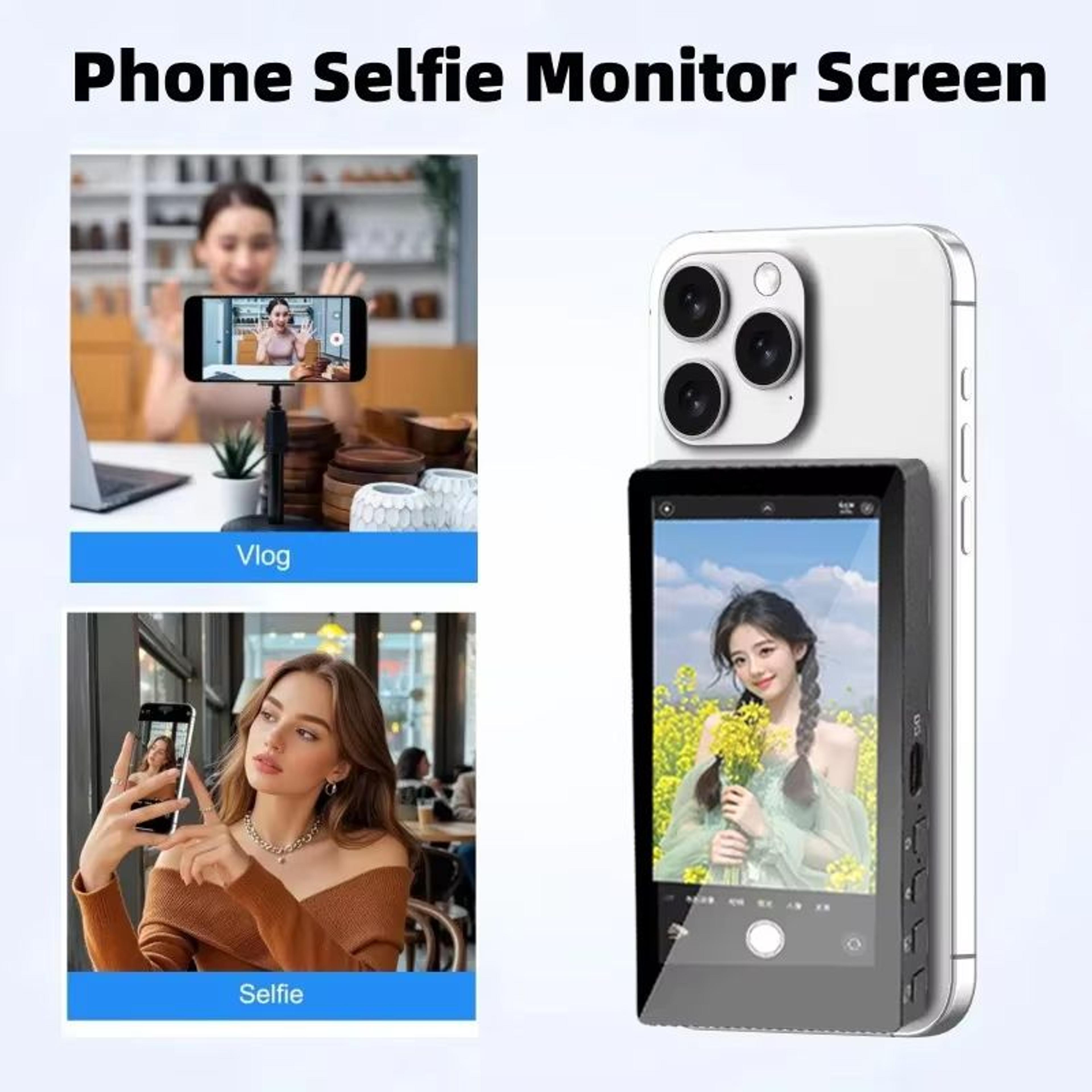 wireless phone selfie monitor with magnetic mount – rear camera & vlog screen