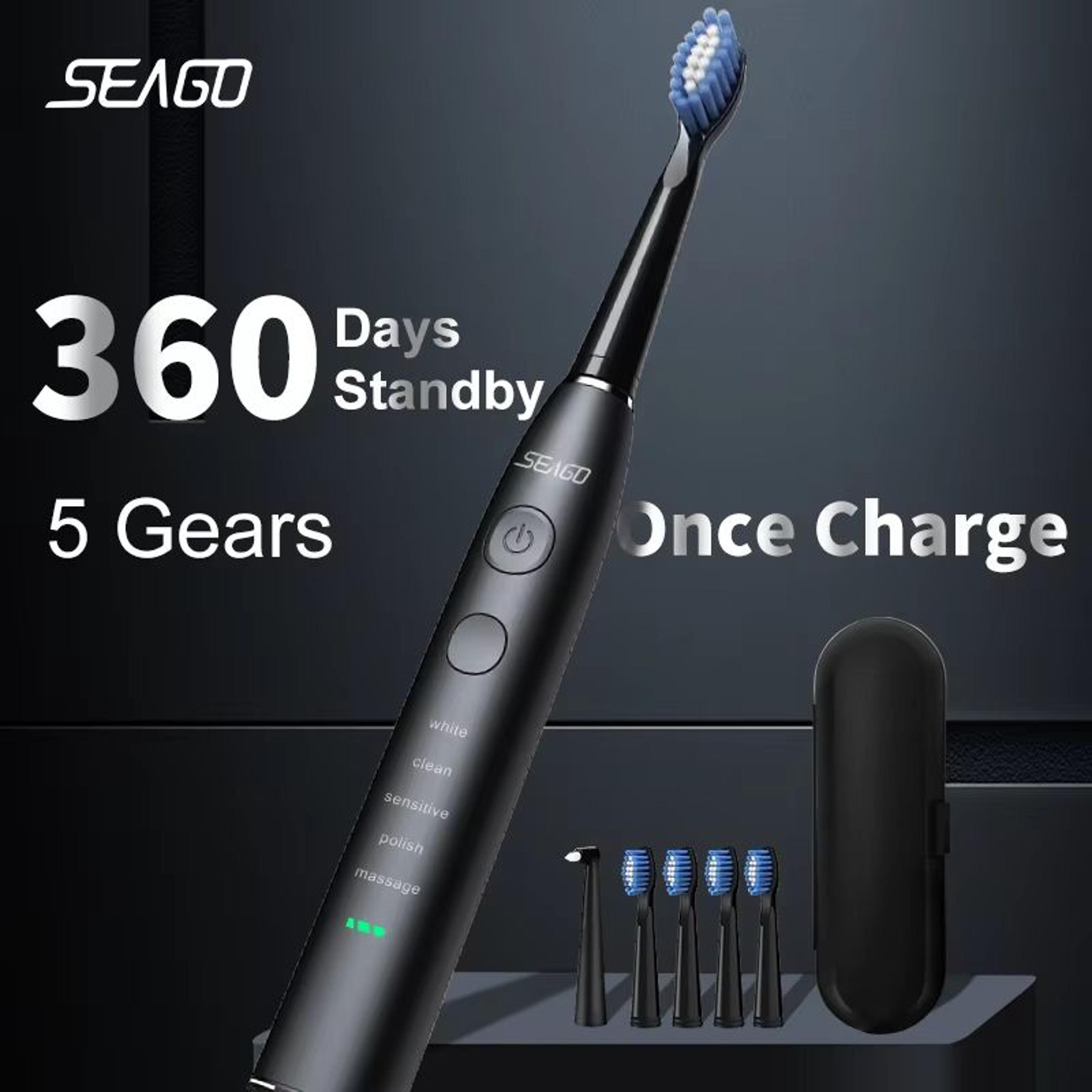 seago sonic electric toothbrush – usb rechargeable with 360-day battery & travel case