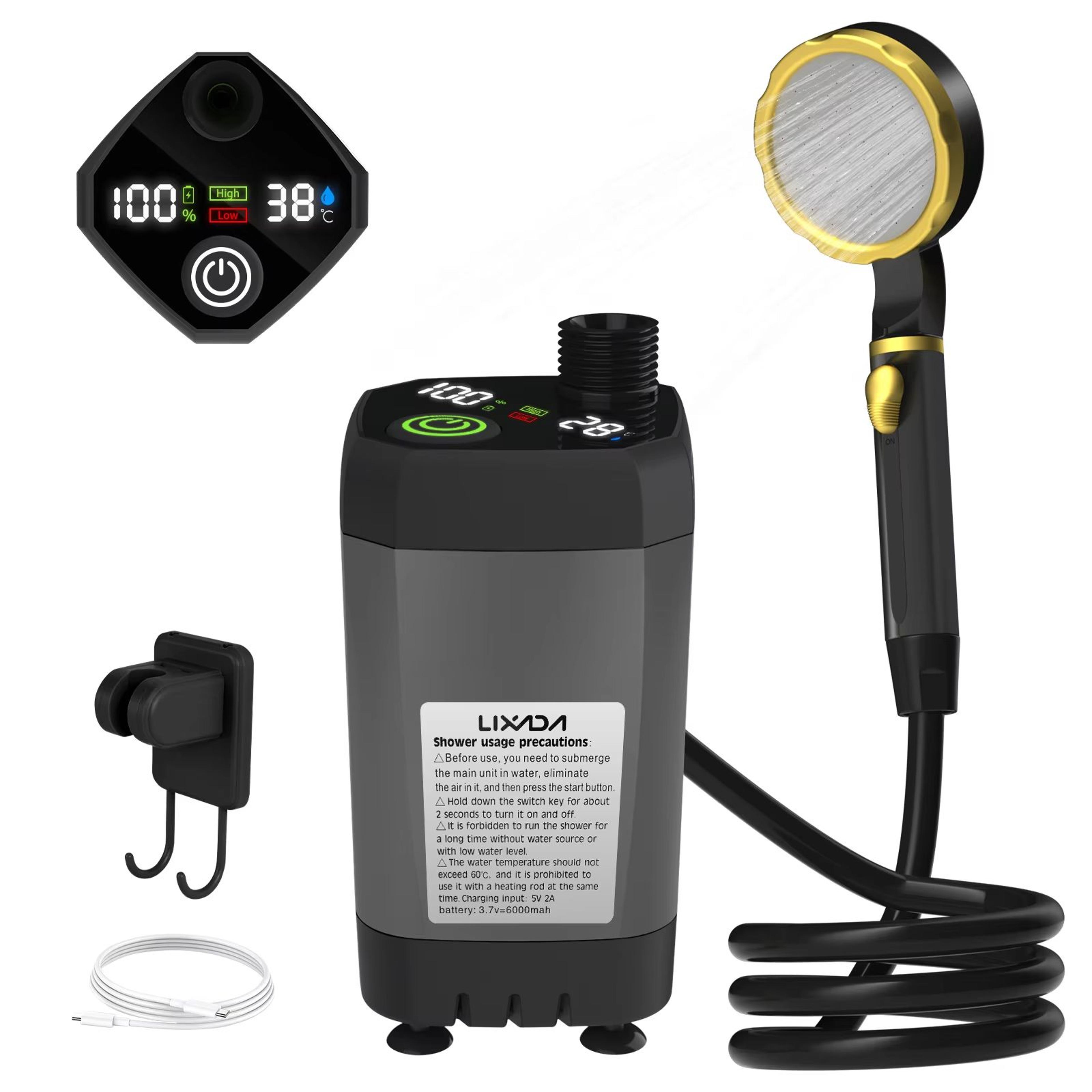 portable camping shower pump kit – outdoor shower with digital display, adjustable flow & 6000mah rechargeable battery f