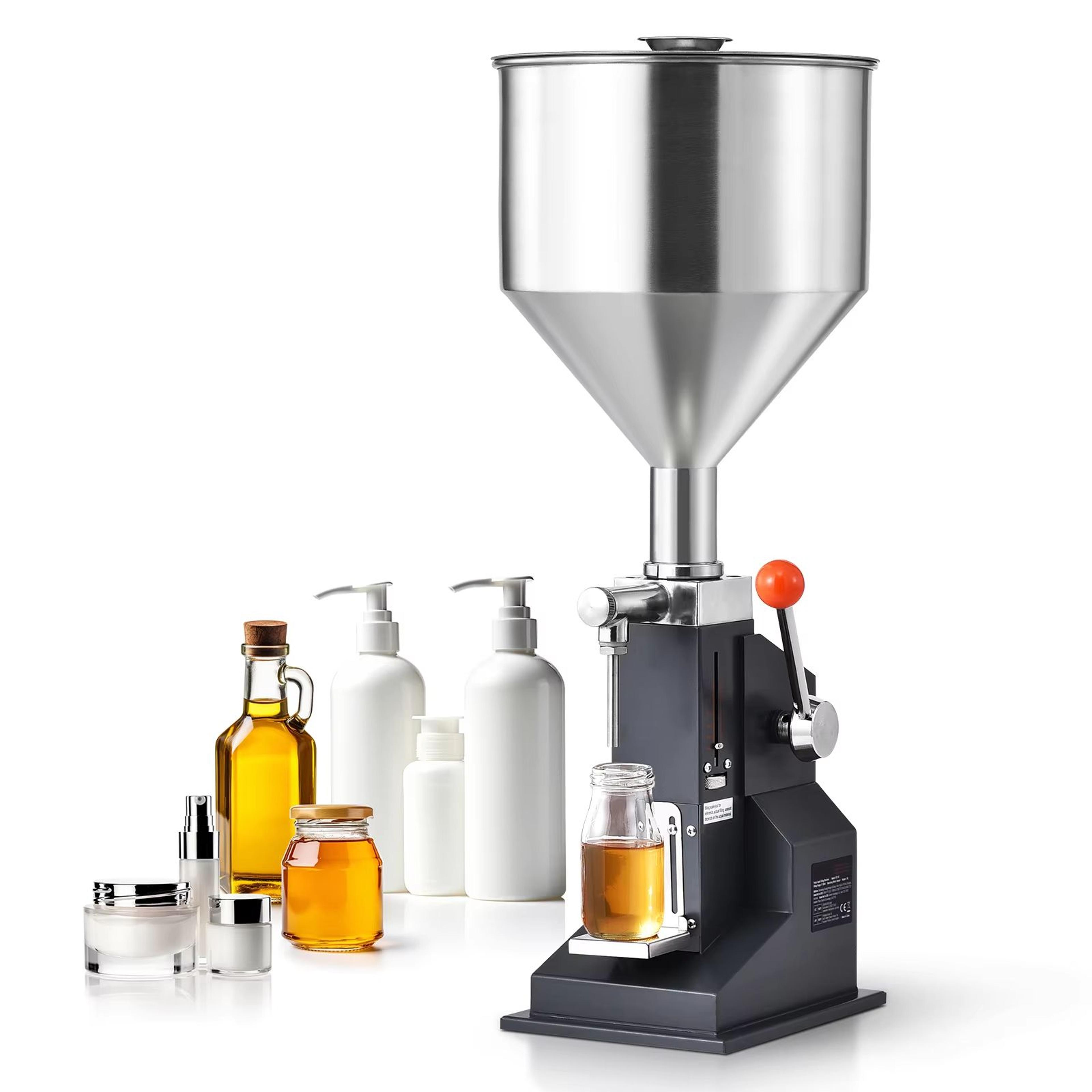 manual liquid filling machine with adjustable hopper – precision paste & bottle filler for water, shampoo, and honey
