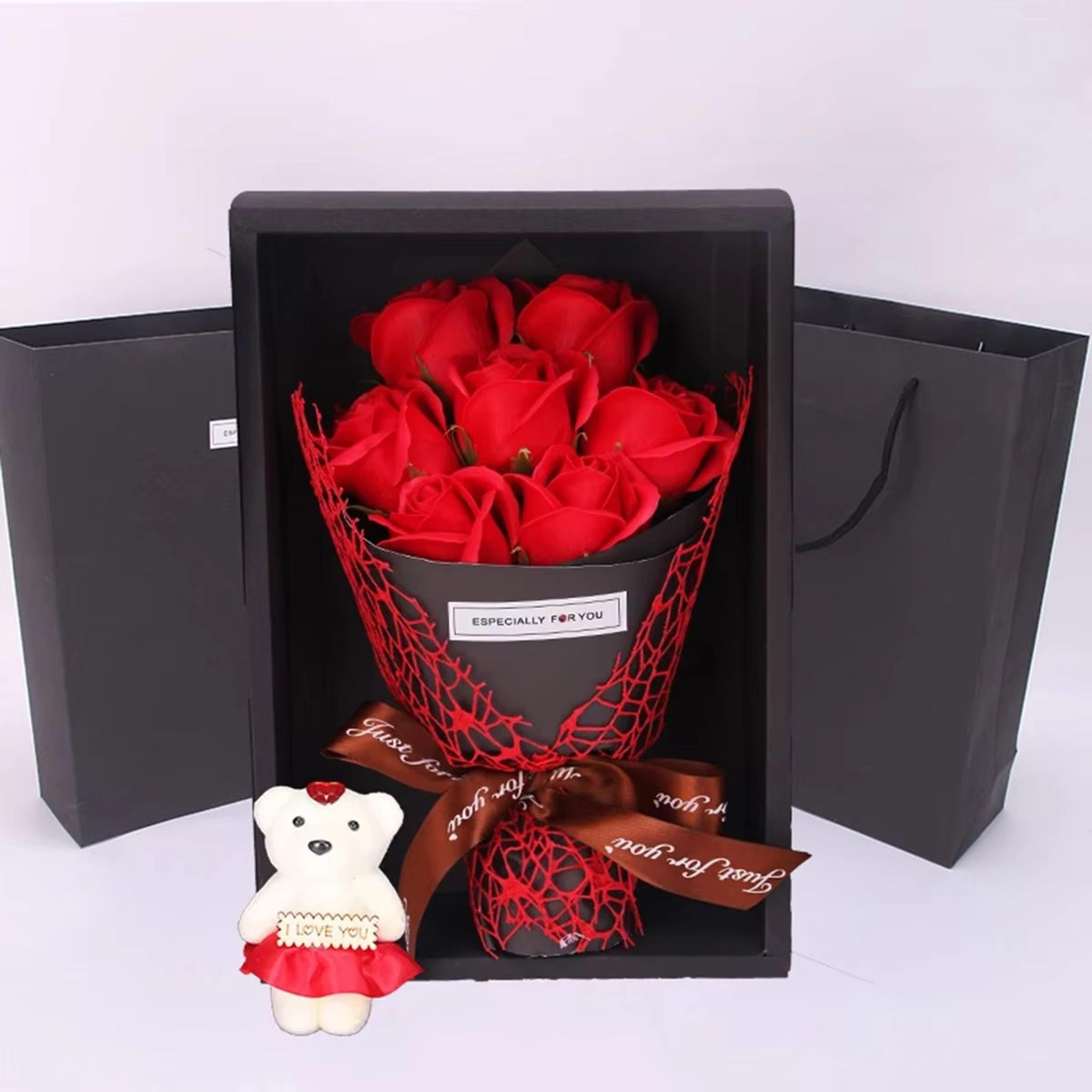 handmade 7 rose soap bouquet with little bear gift box – creative valentine's, mother's day & birthday present