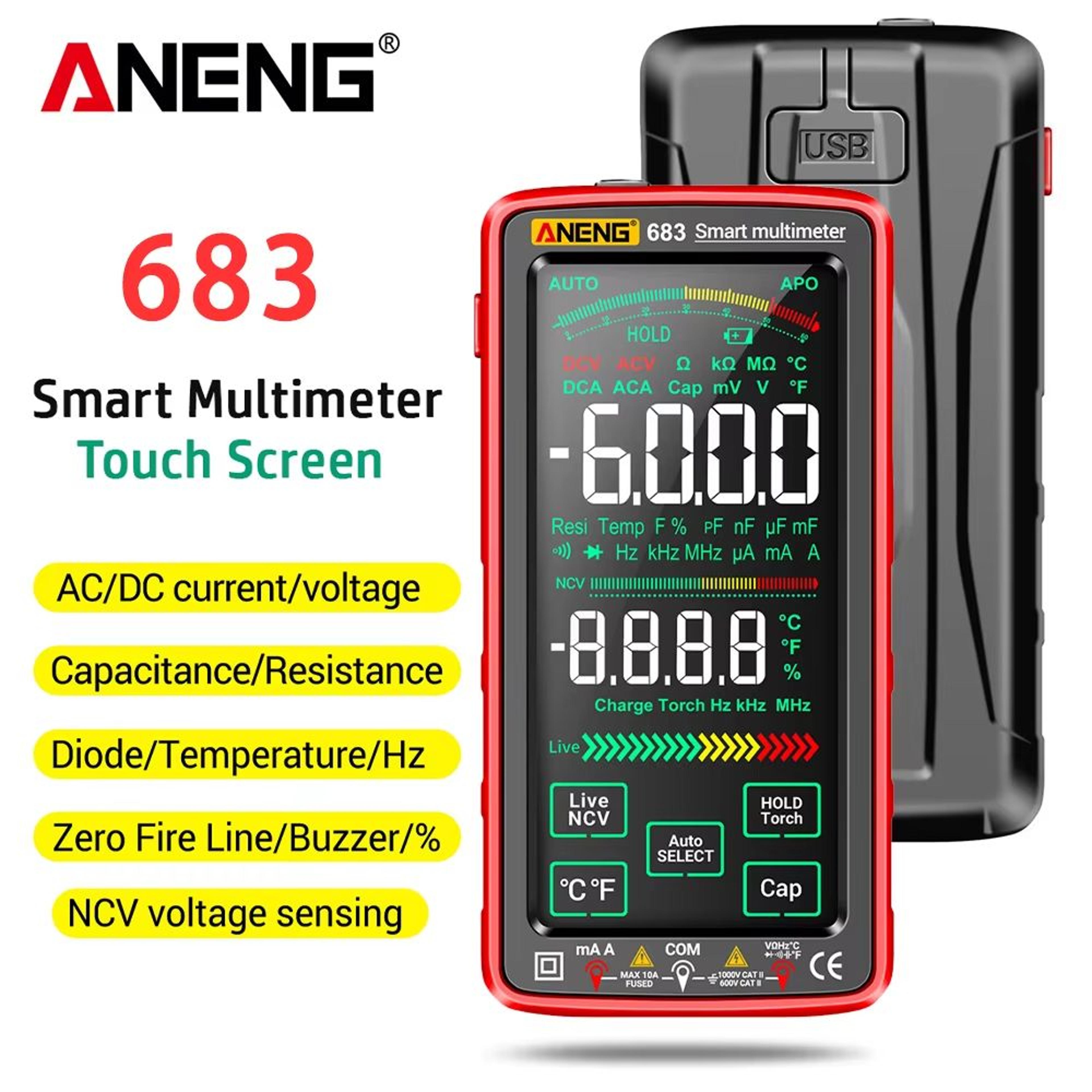 aneng 683 smart multimeter – high-end 6000 counts rechargeable touchscreen ac/dc voltage tester & multitester