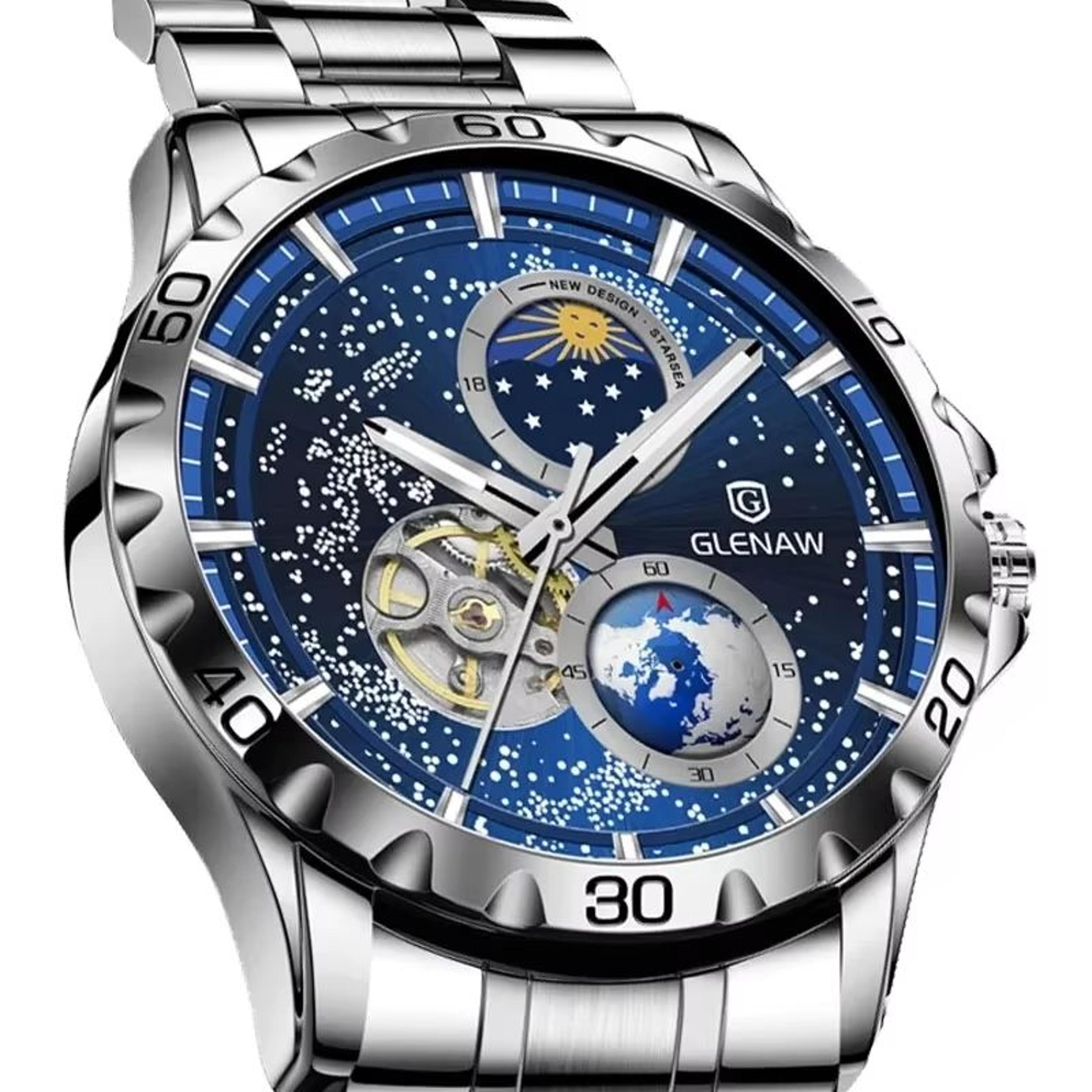 glenaw rotating earth automatic mechanical watch – double second hand men's luxury wristwatch with starry sky dial and s