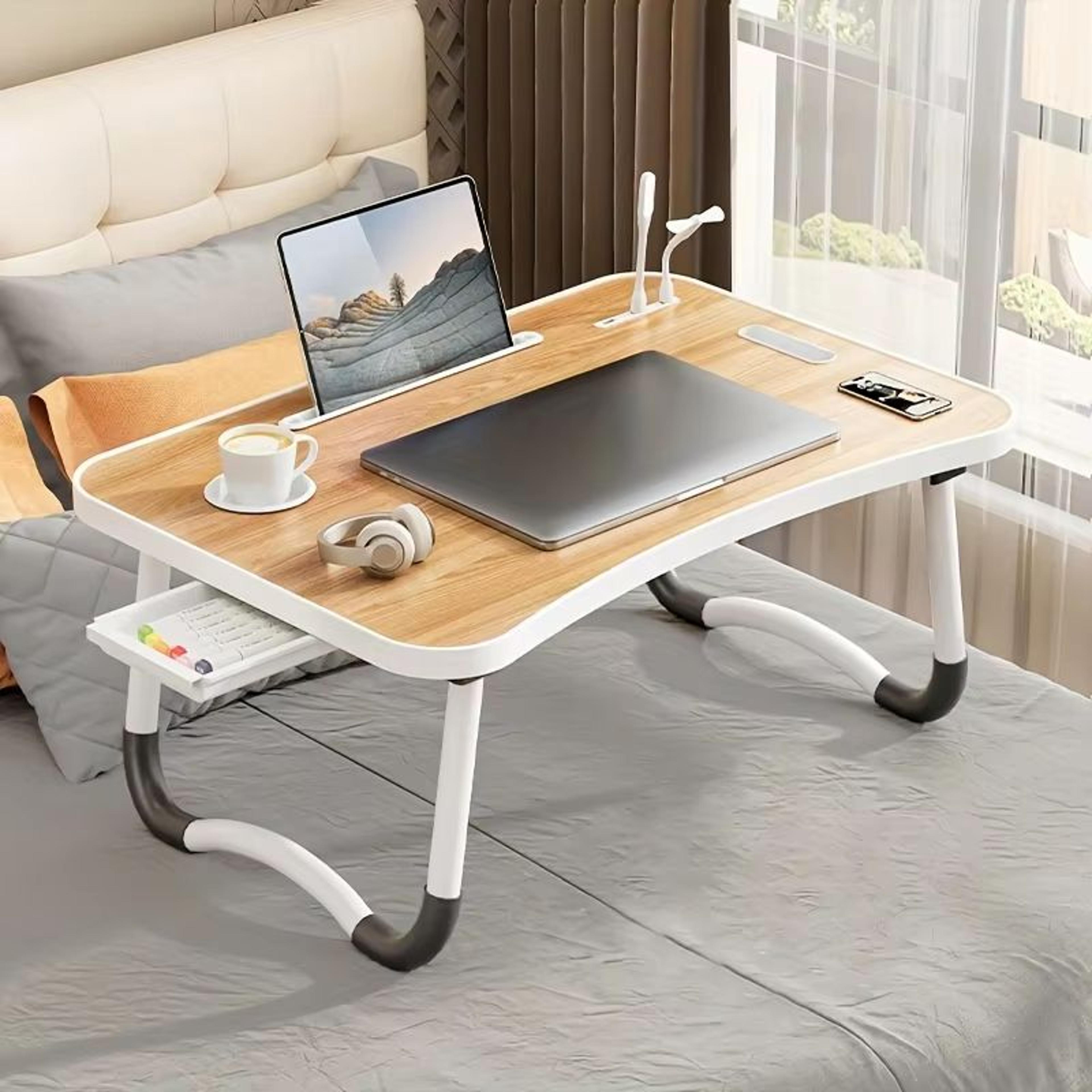 portable foldable laptop desk – with usb light, cooling fan, cup holder & tablet slot