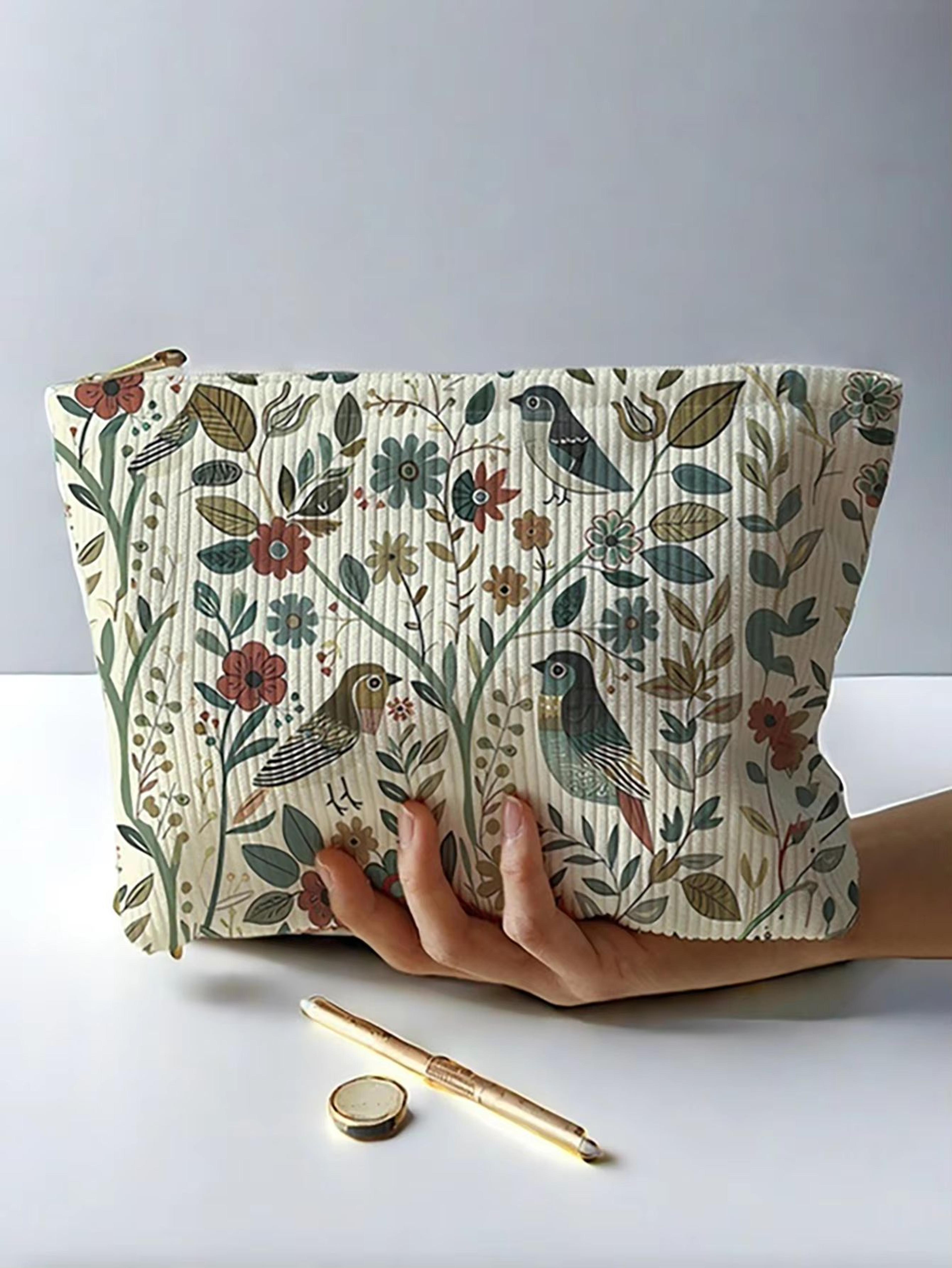 branch bird corduroy makeup bag – lightweight, multifunctional cosmetic & travel pouch