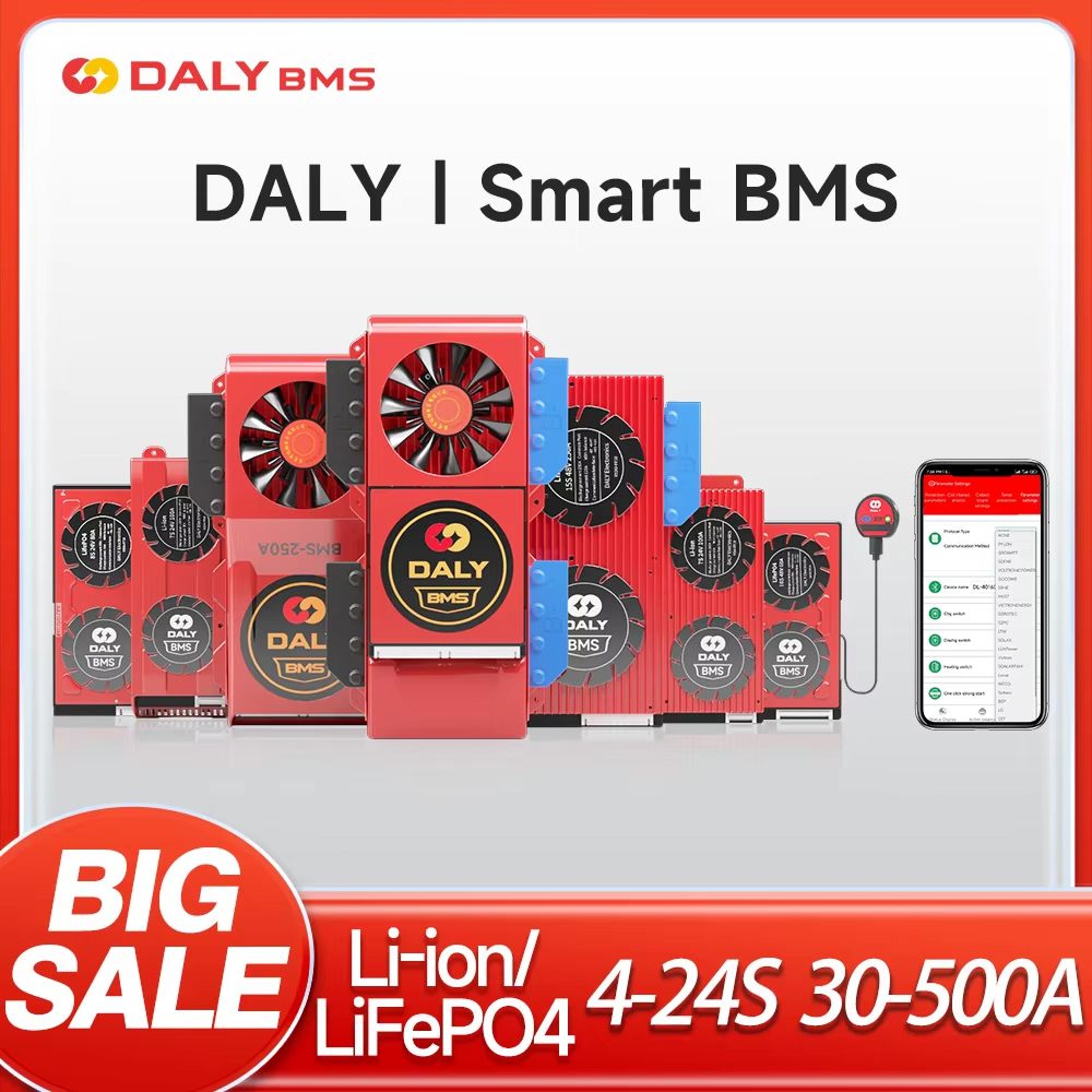 daly smart bms for lifepo4 & li-ion batteries – 10s–24s 36v/48v battery management system (40a–500a)