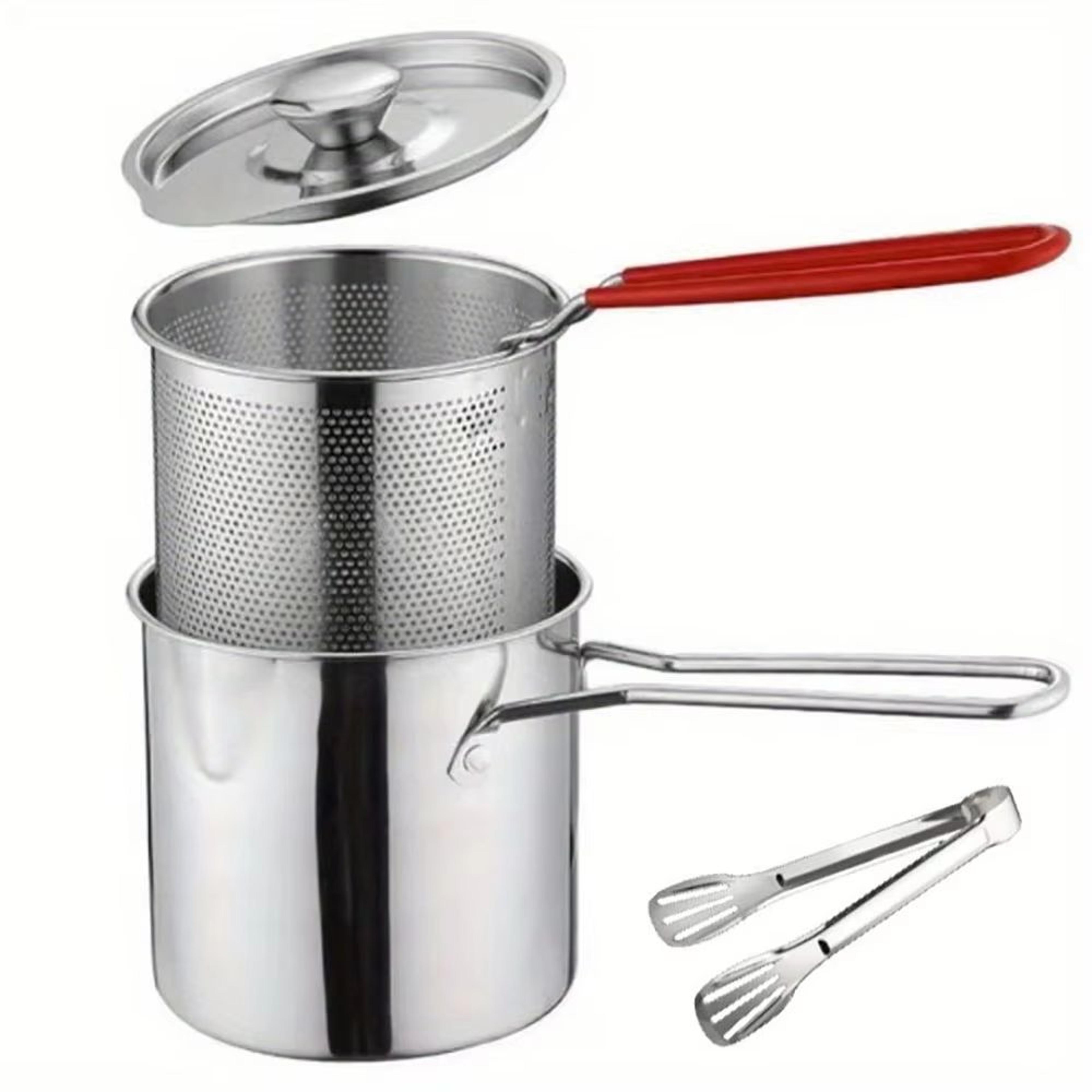 4-piece stainless steel tempura fryer pot set – small deep frying pan with basket & lid for kitchen cooking