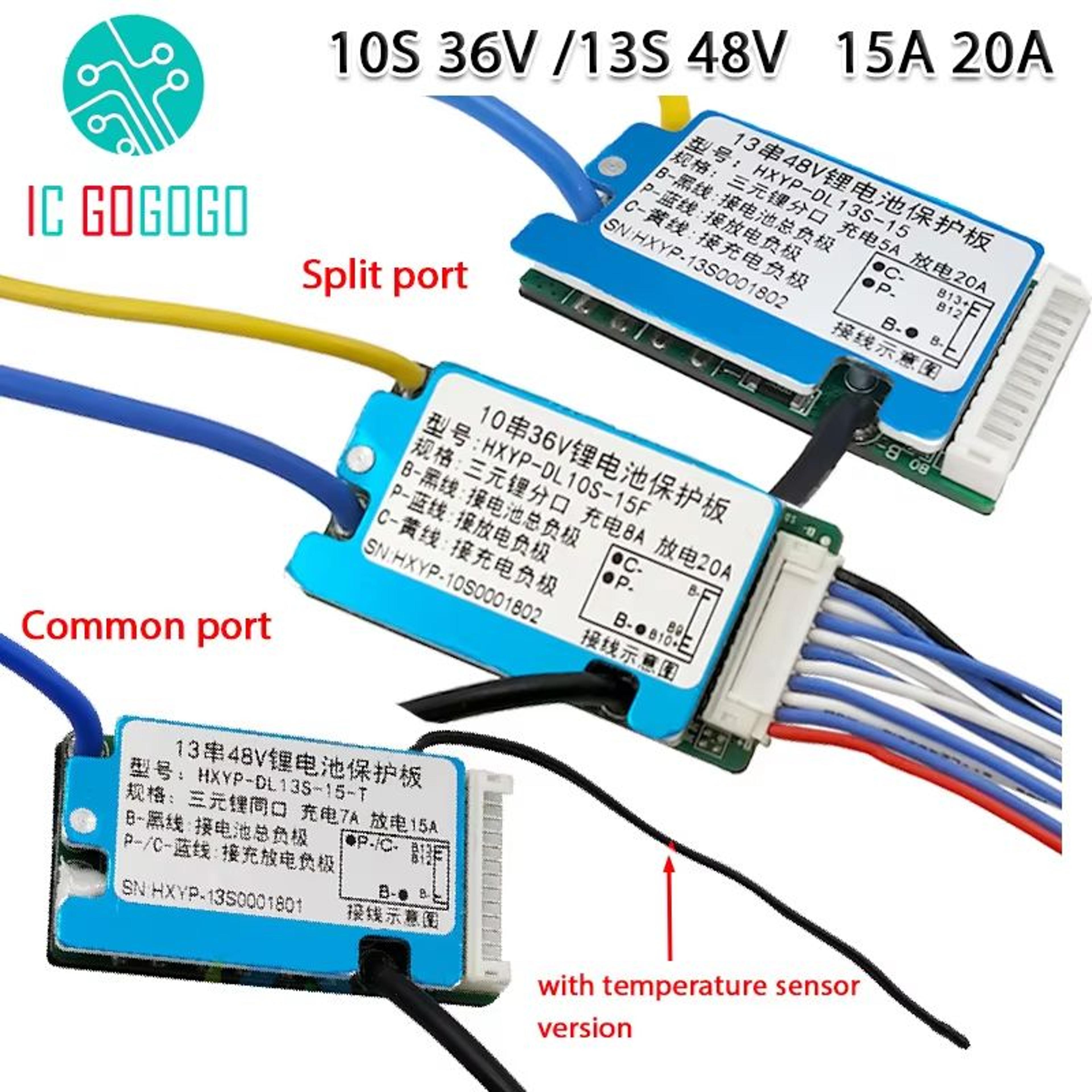 10s 36v / 13s 48v lithium-ion battery protection board (bms) – 15a/20a with temperature sensor & heat sink
