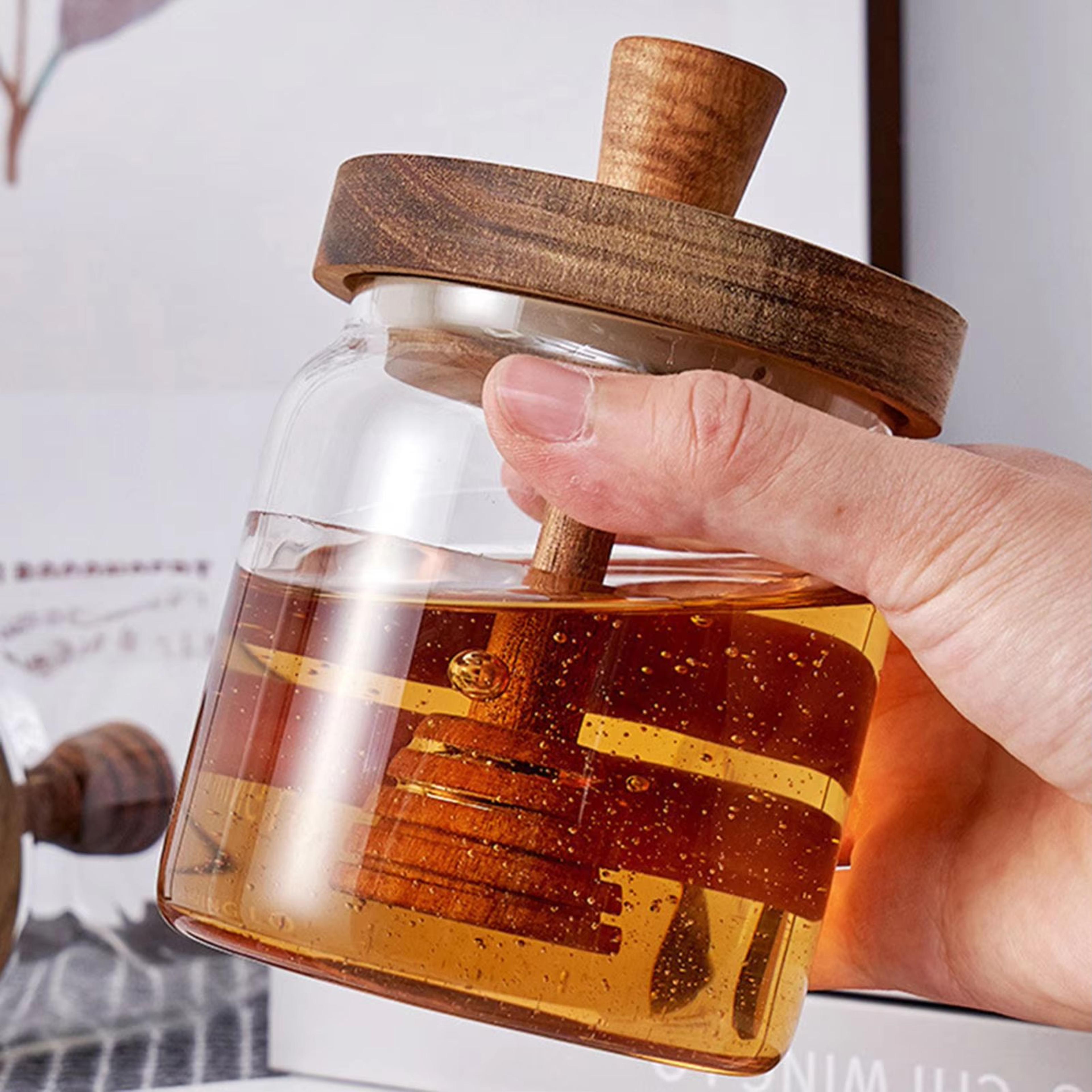 glass honey jars with dipper & lid – wide mouth containers for honey, syrup & kitchen storage