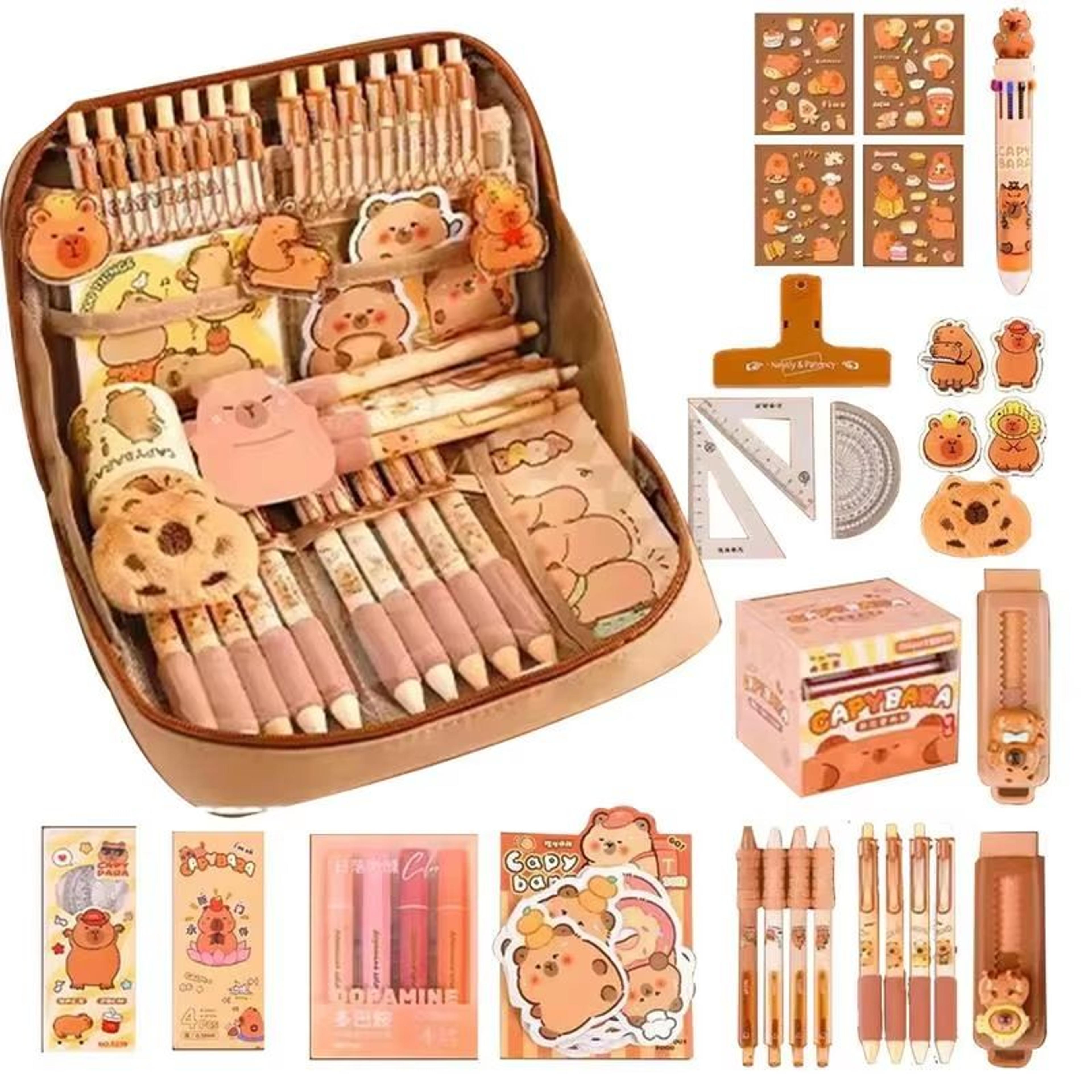 capycharm capybara stationery set – cute pencil case with pens, rulers, sticky notes & accessories for students
