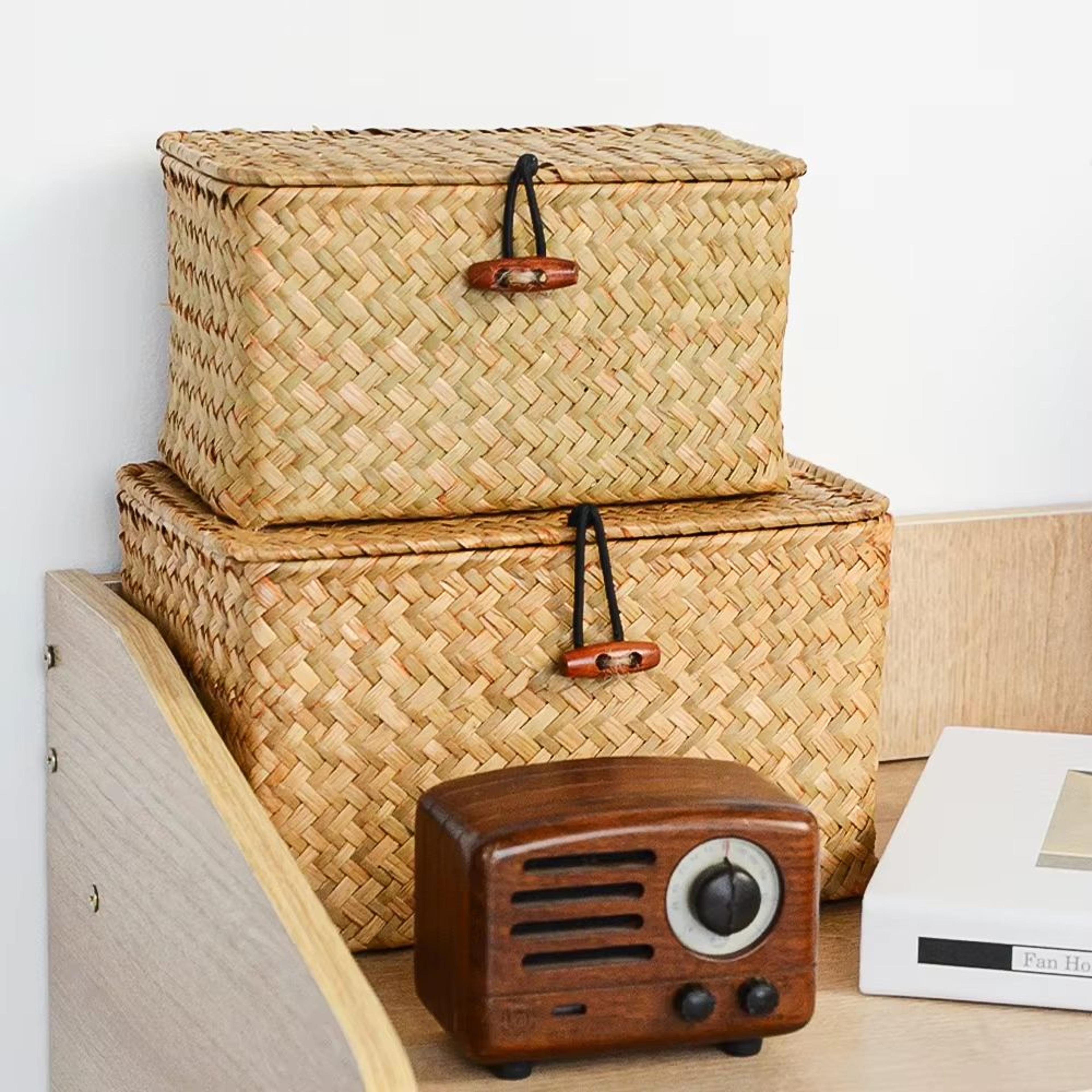 handmade seagrass storage basket with lid – natural rattan woven organizer for home, makeup & accessories