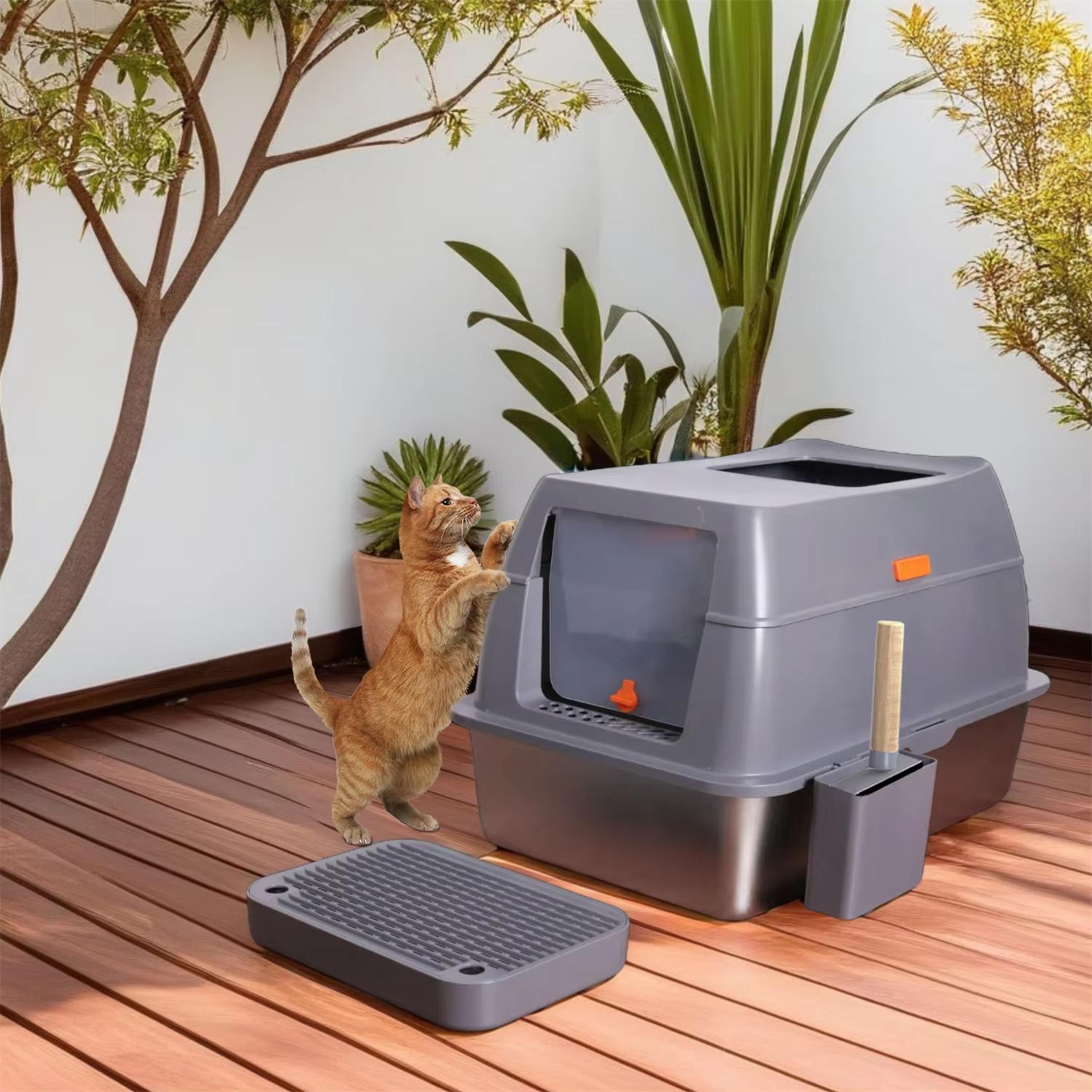 premium enclosed stainless steel cat litter box with lid – extra large odor-resistant metal tray for big cats and multi-