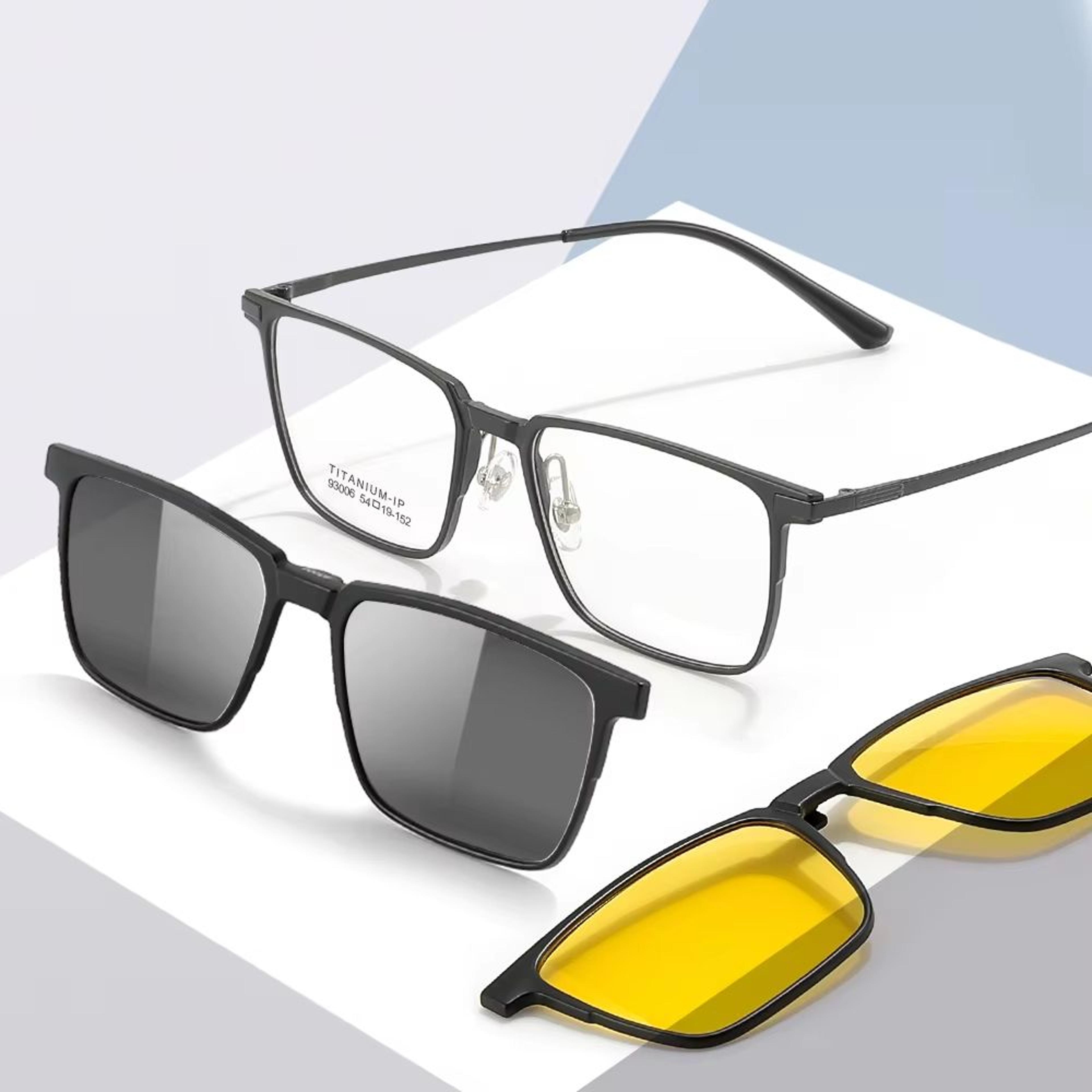 vizion 3-in-1 pure titanium glasses frame – full rim square eyewear with polarized clip-on sunglasses & night vision len