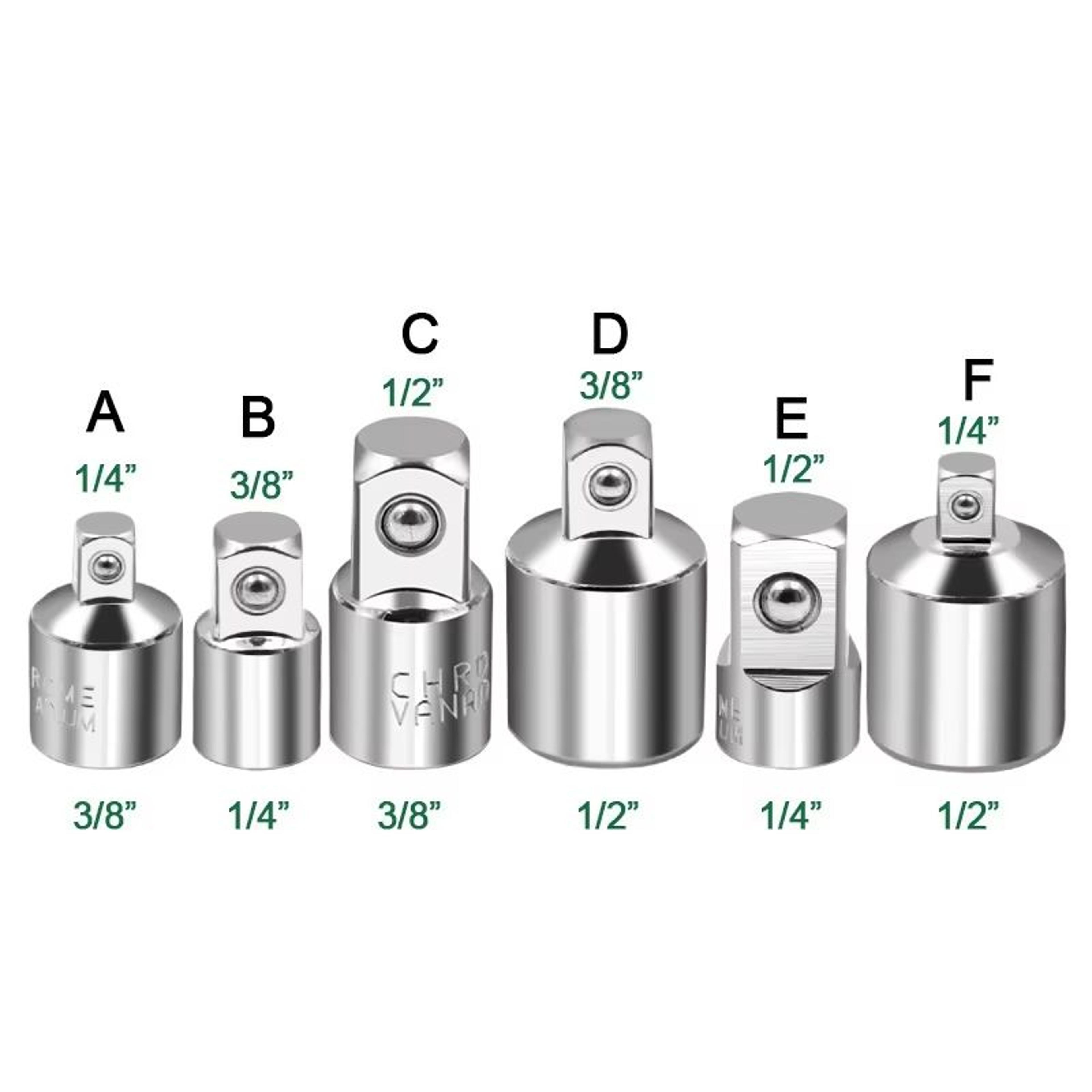 cr-v chrome vanadium steel socket adapter set – 1/2" to 3/8" to 1/4" ratchet wrench converter