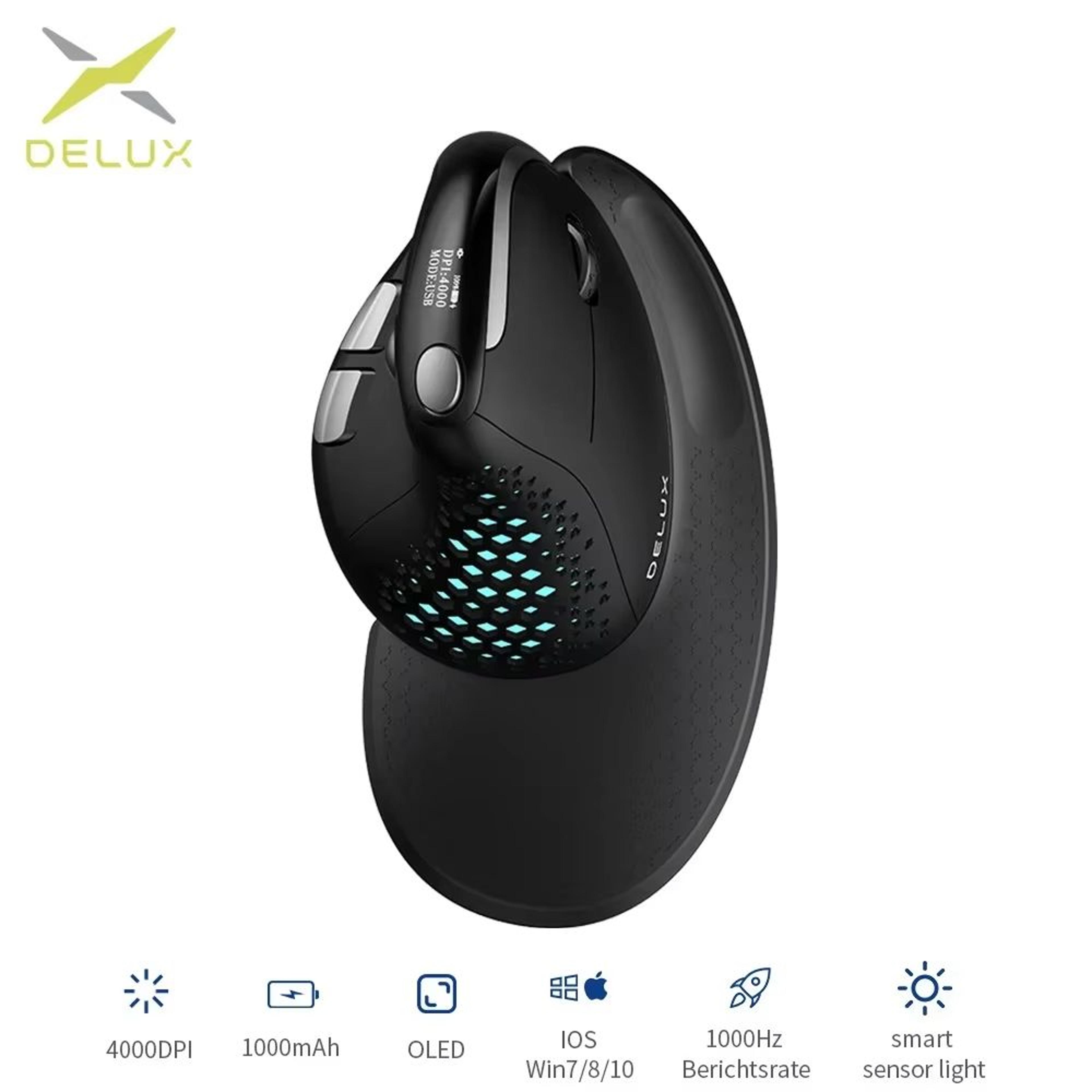 delux seeker ergonomic vertical mouse, rechargeable 4000 dpi with oled display and removable back cover