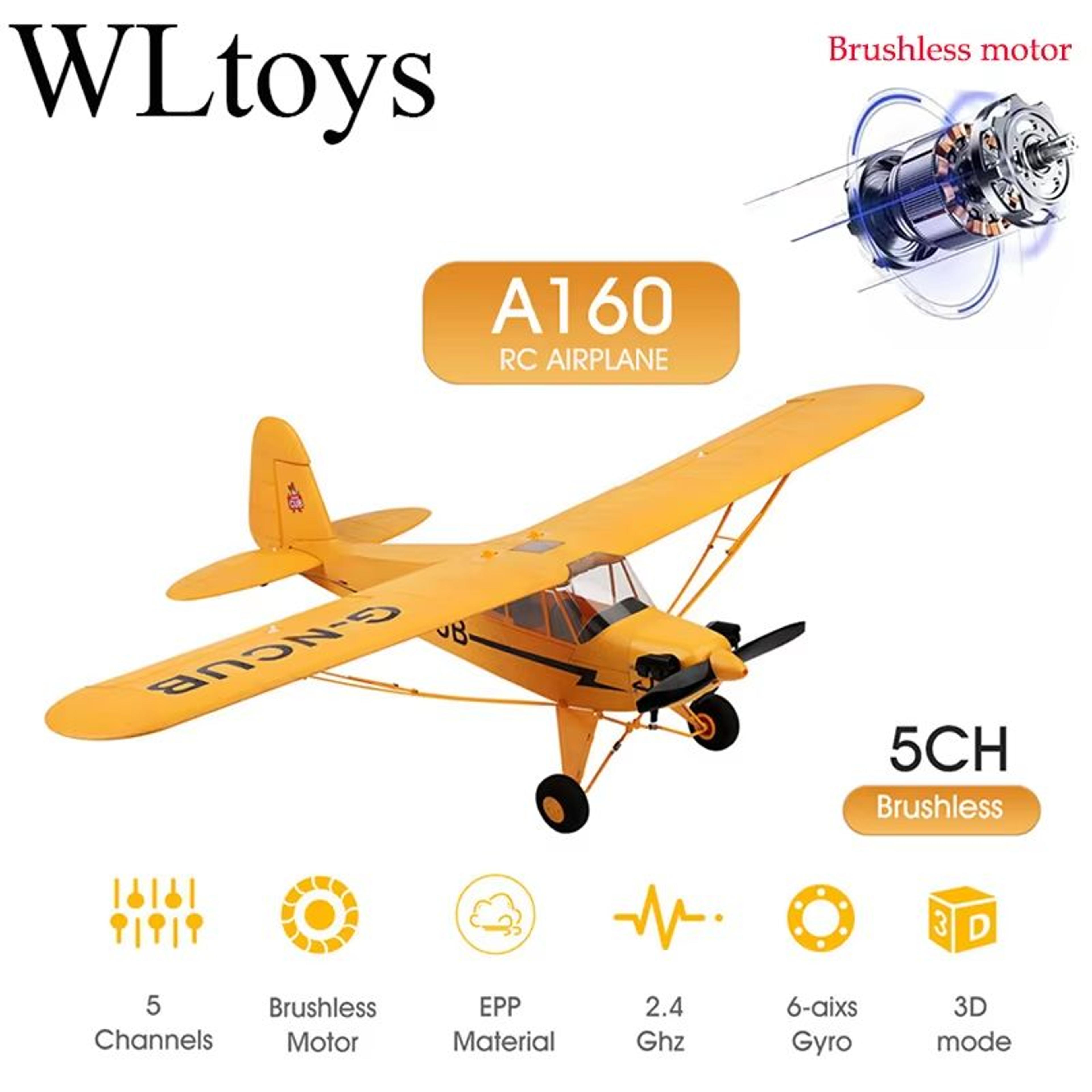 wltoys a160 j3-cub rc airplane – 5-channel brushless motor, 2.4ghz remote control, 3d/6g stabilization, ready-to-fly (rt