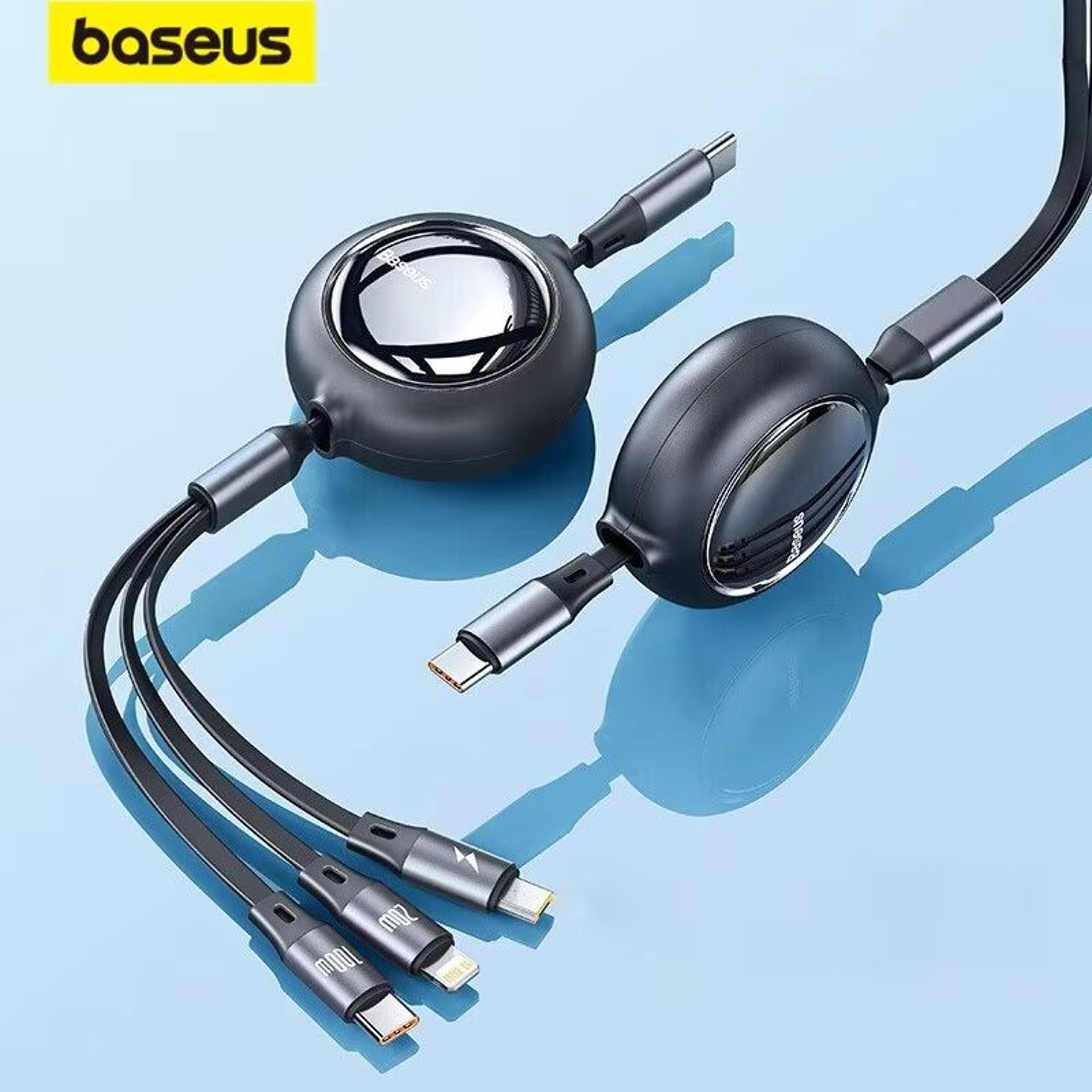 baseus 100 w 3-in-1 retractable fast charging cable – usb-c, lightning & micro usb in one