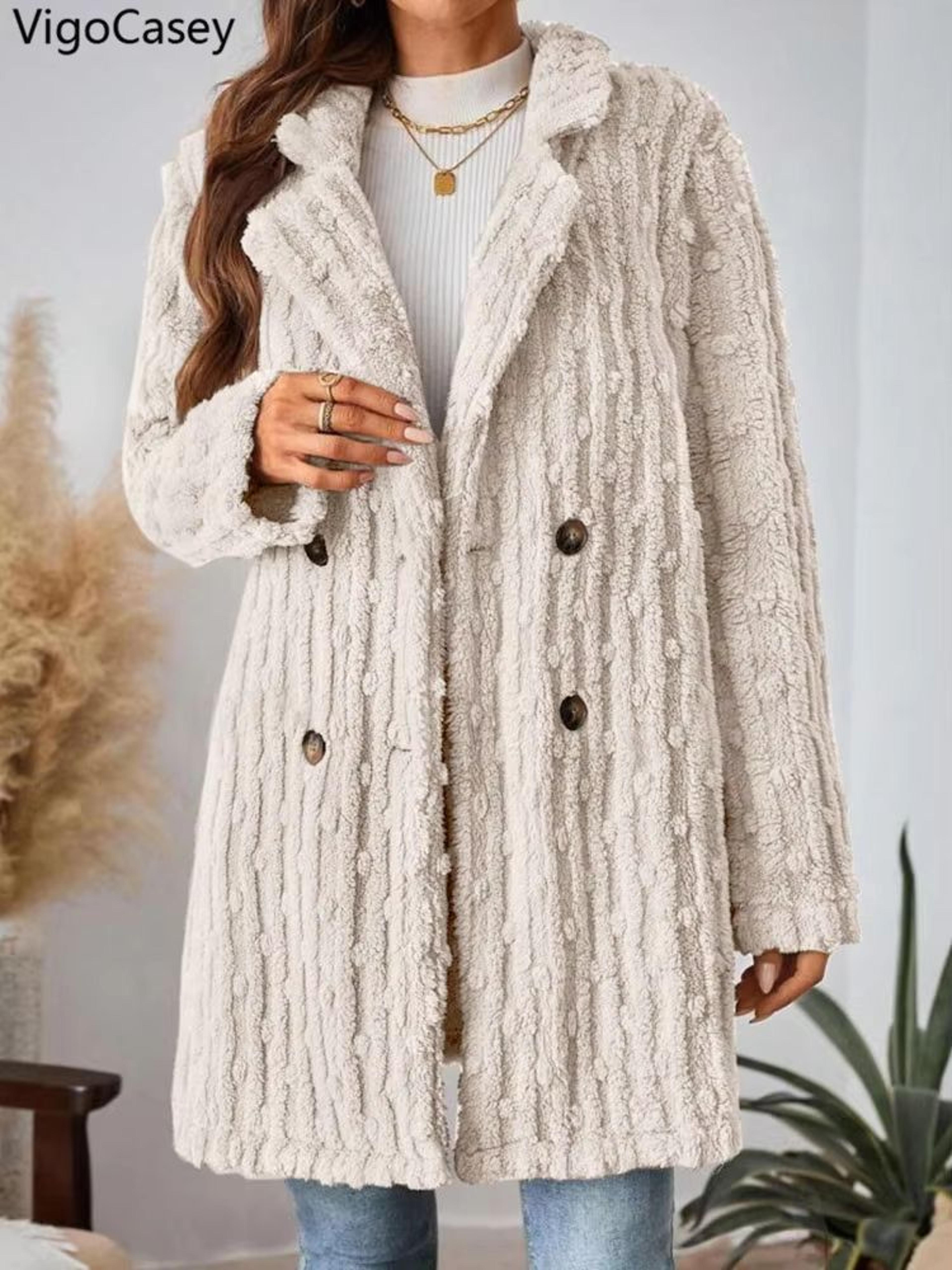 vigocasey 2025 women's double-breasted apricot jacket – plush warm coat with turndown collar for autumn & winter