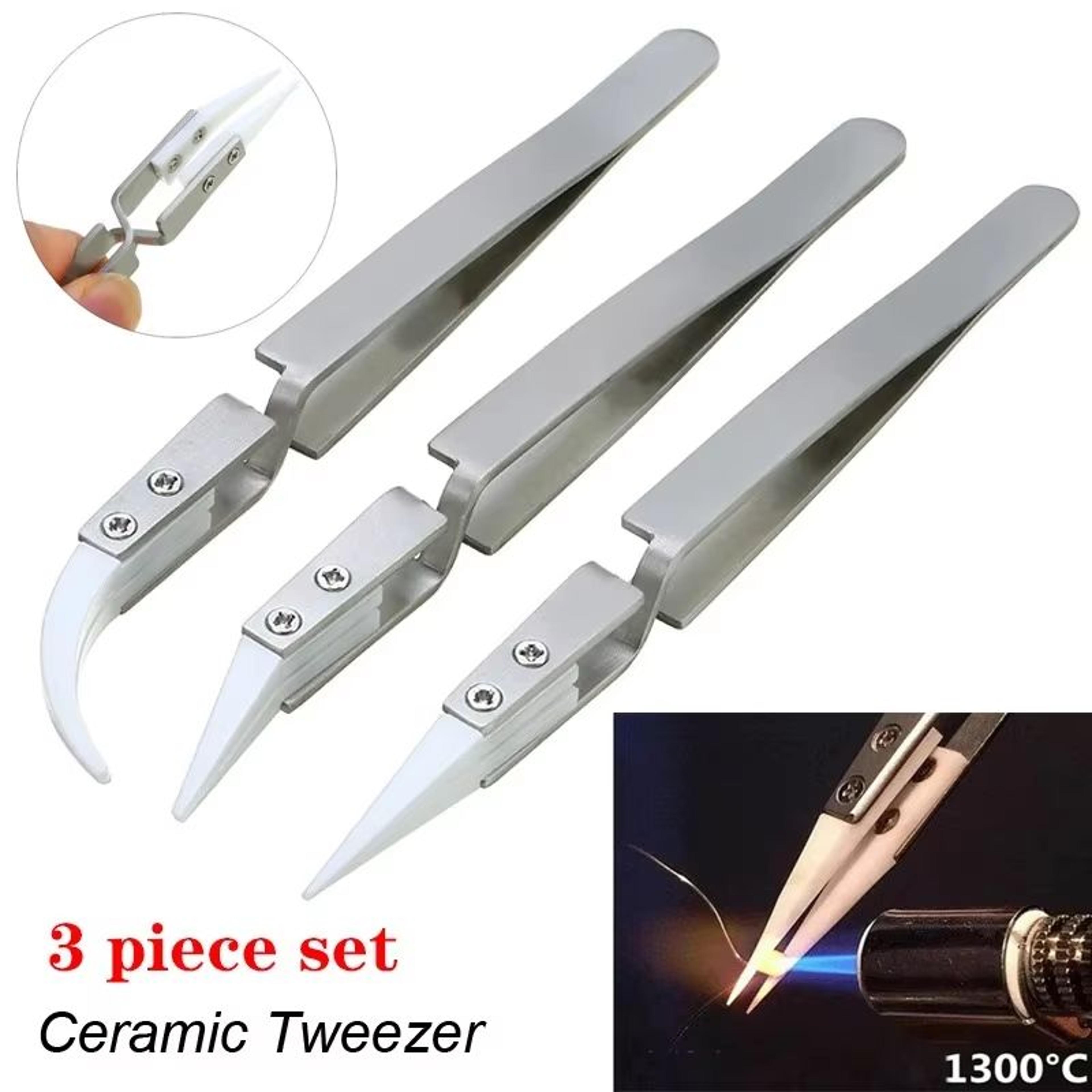 3 pcs ceramic straight tip electronic soldering tweezers – anti-static, acid-resistant precision tools