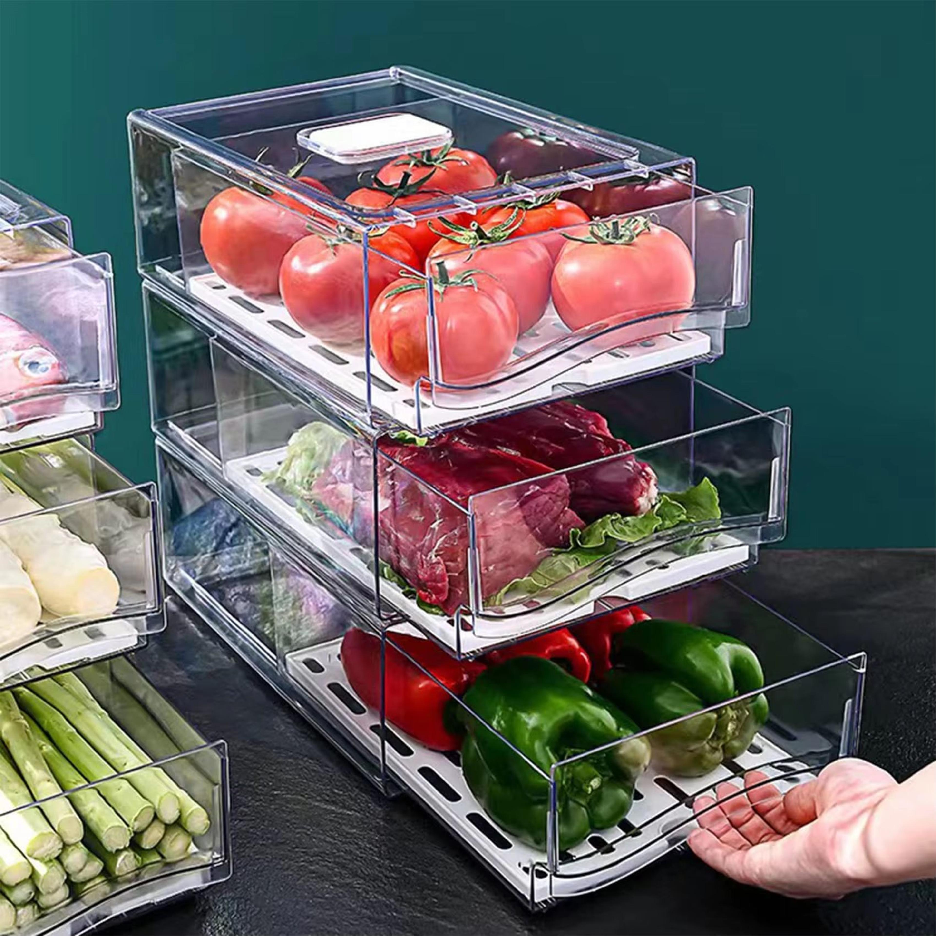 stackable refrigerator organizer bins | reusable food storage containers & fridge drawer organizer for home kitchen