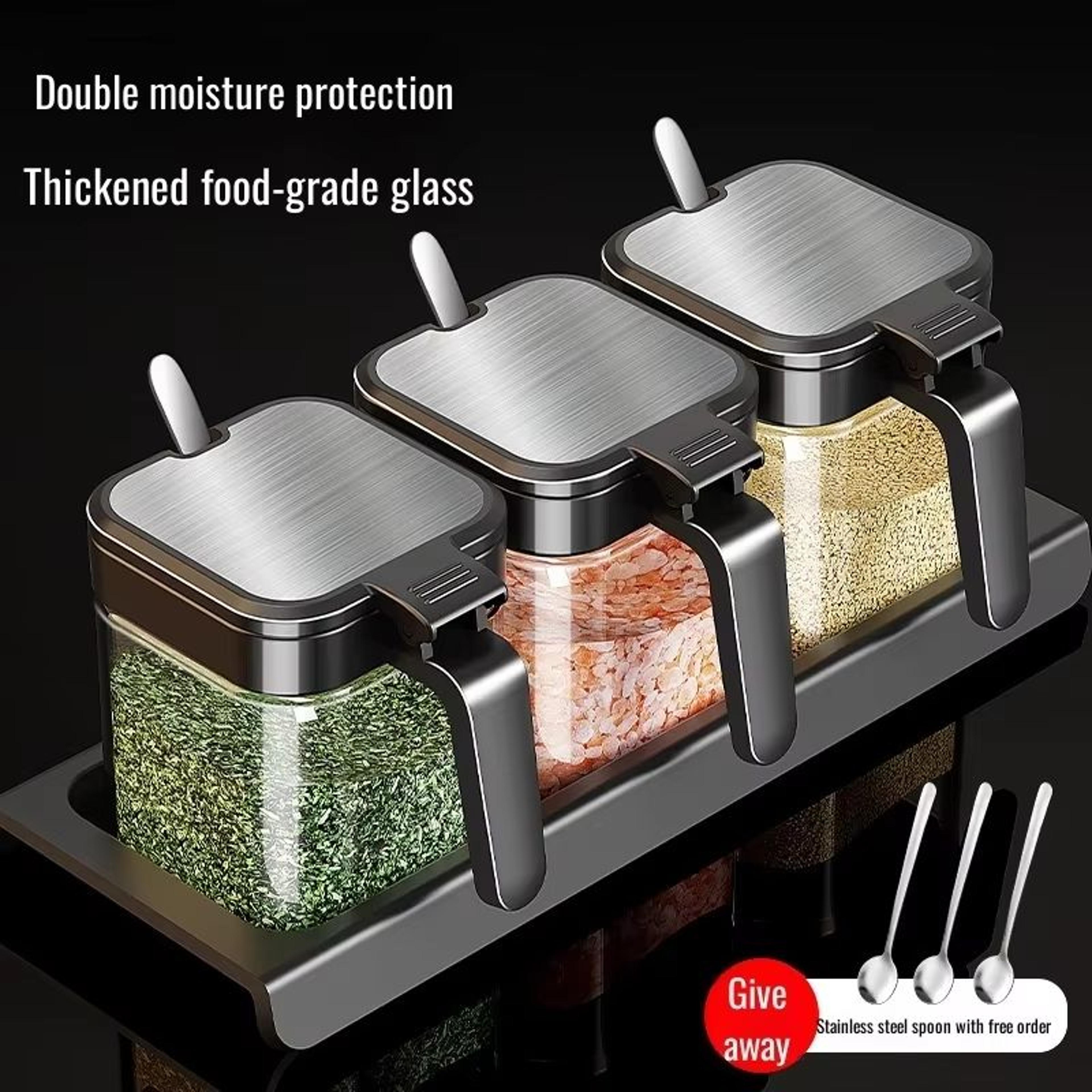 clearview glass seasoning jar with spoon – household sealed storage box for salt, sugar & spices