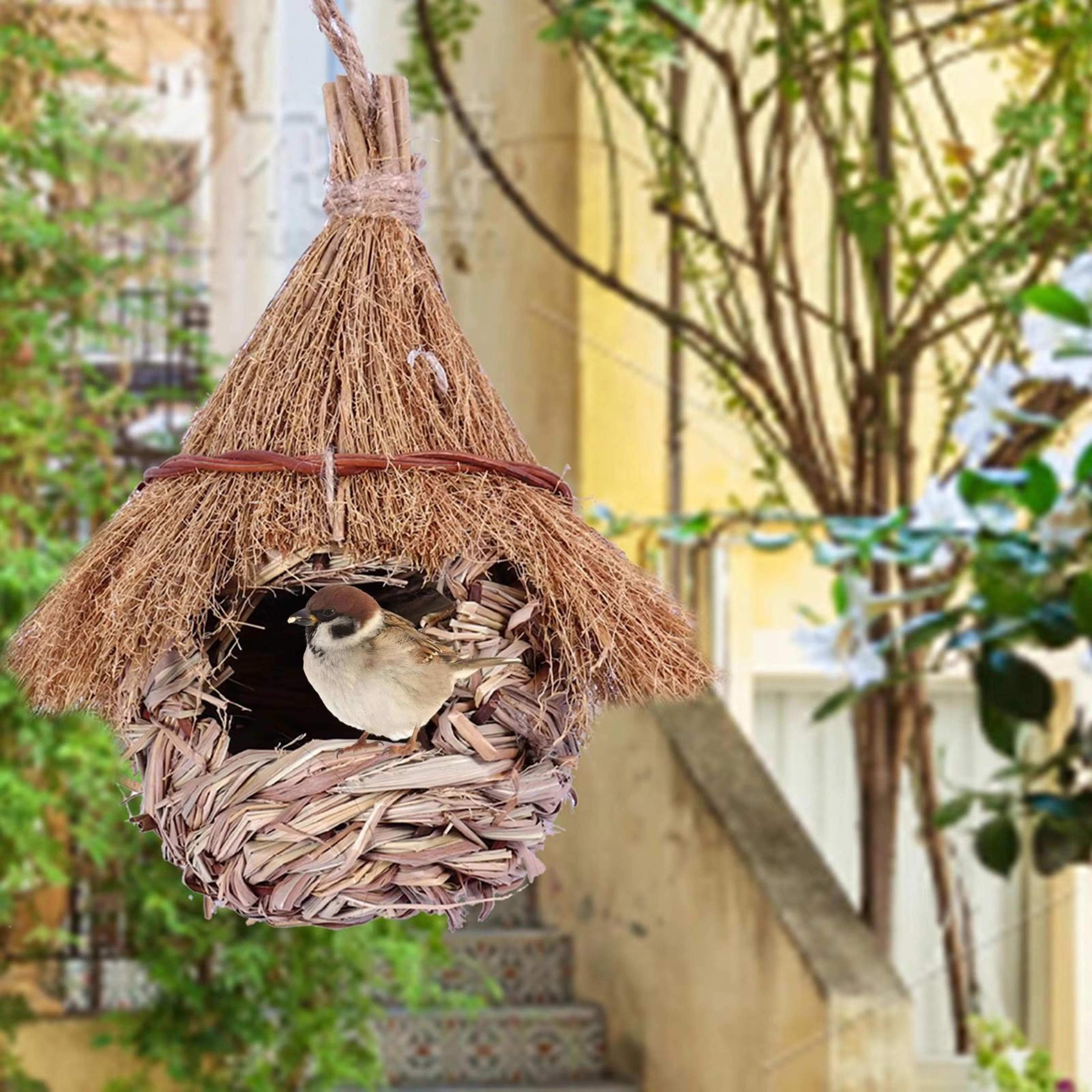 naturenest hand-woven grass bird house for wrens & finches – indoor/outdoor lawn & patio hut