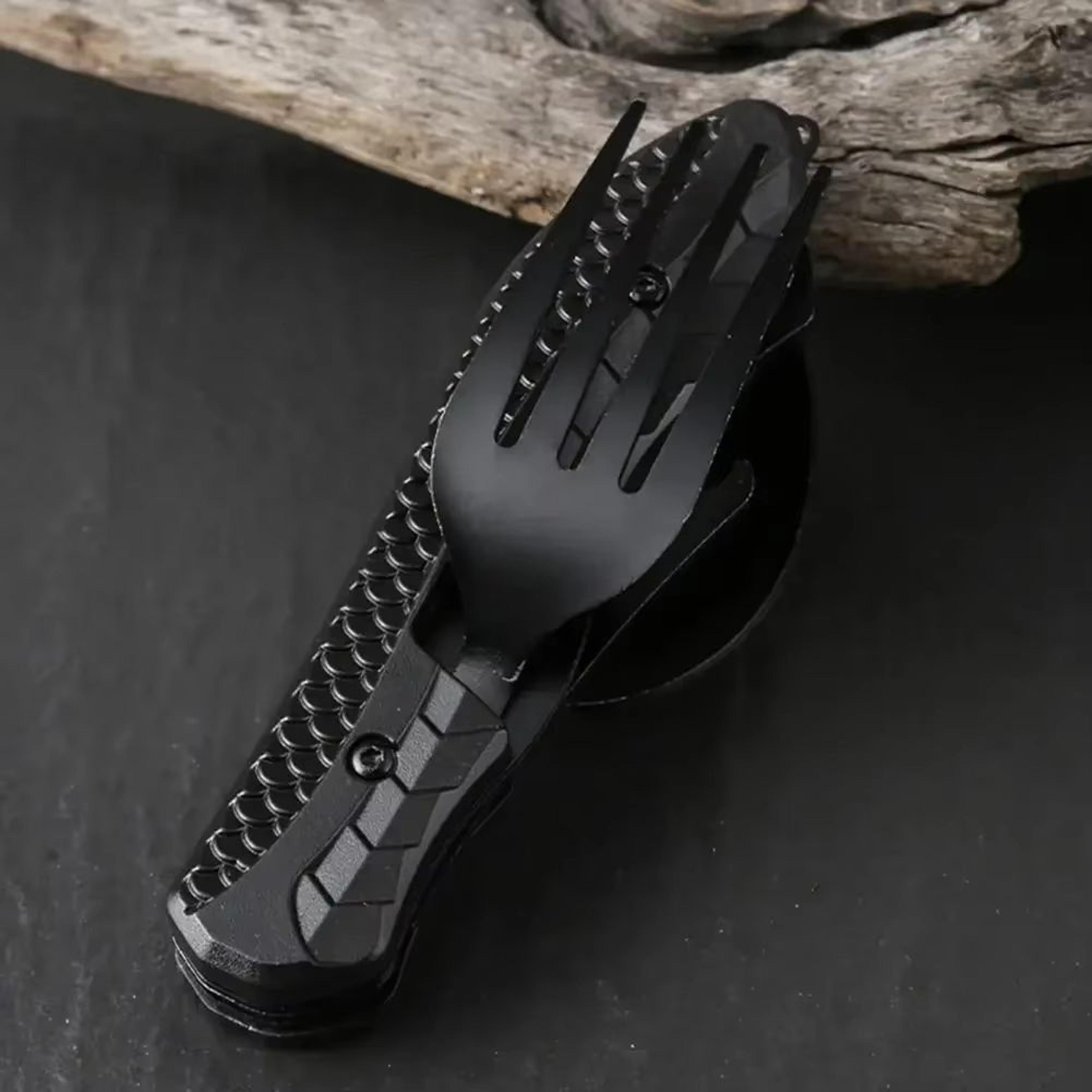 three in one multi tool camping folding knife spoon fork bottle opener