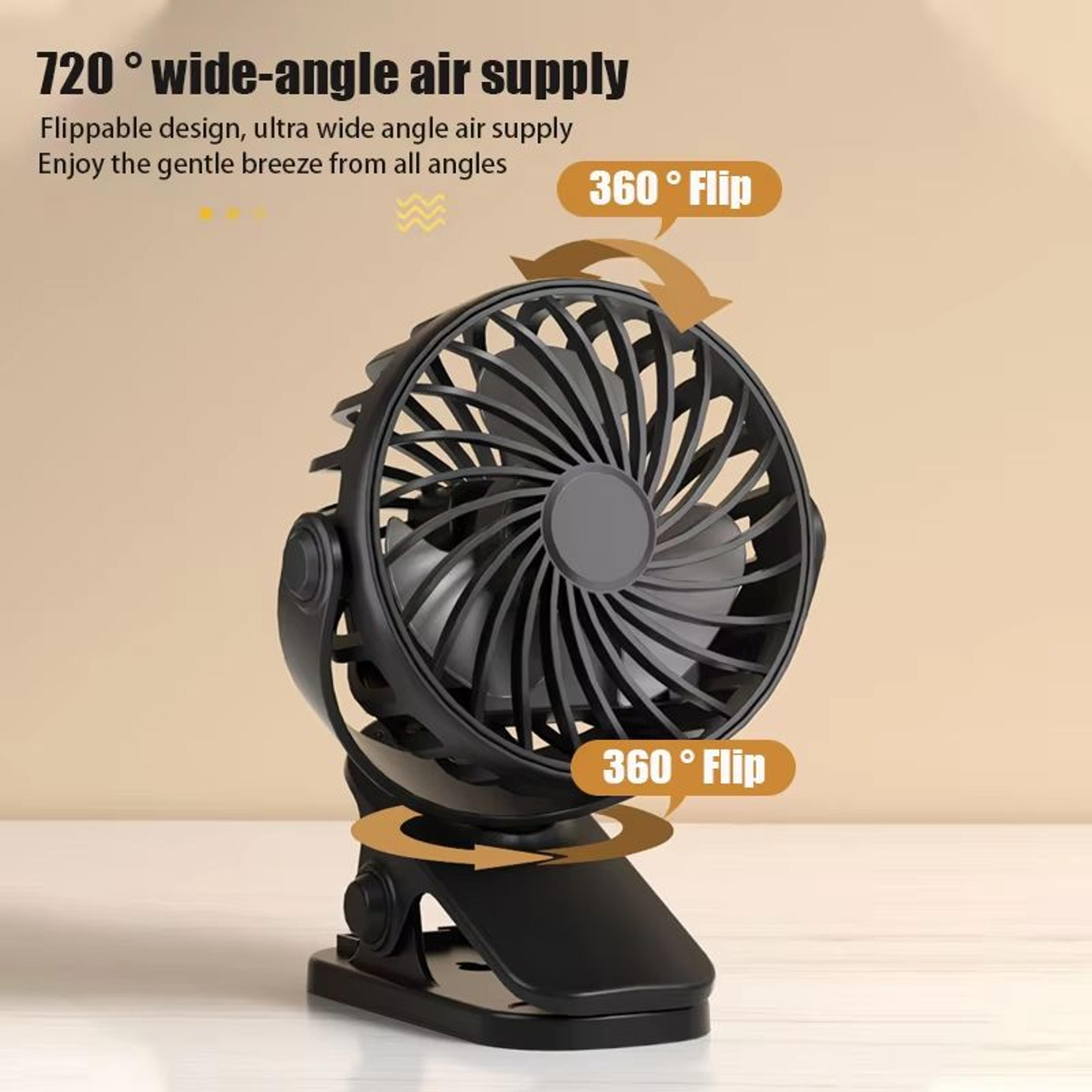 portable rechargeable electric fan with 720 degree rotation and clip mount