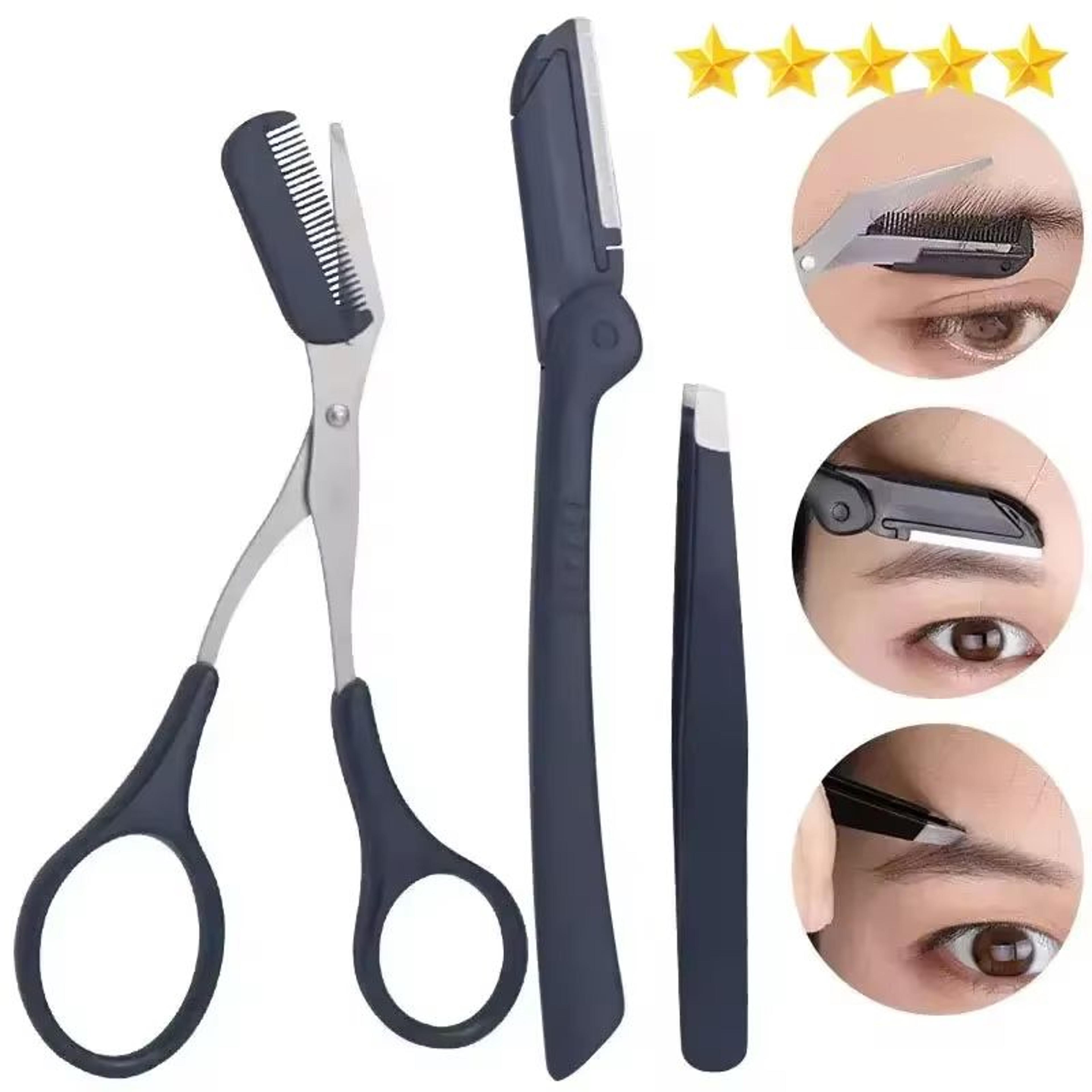 progroom stainless steel eyebrow trimmer set – comb scissors tweezers kit for women