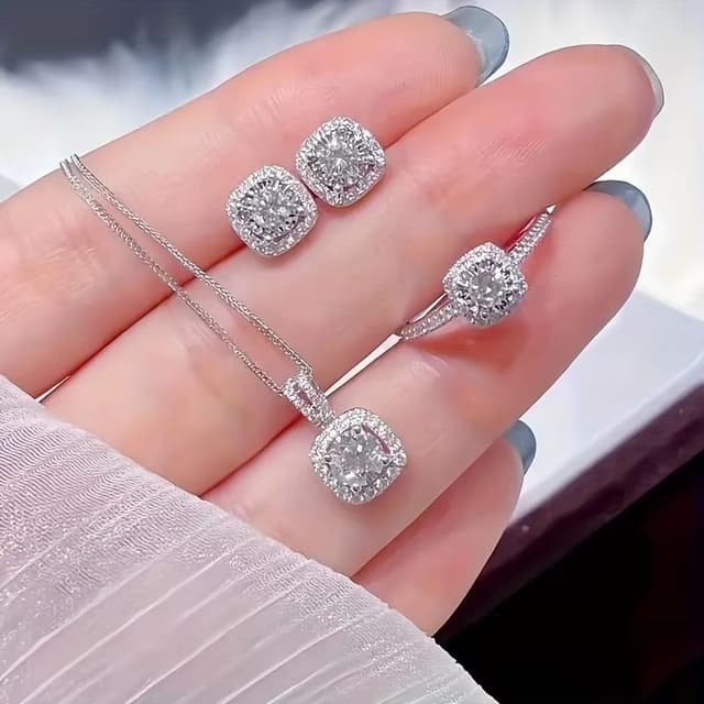 Luxury Cube Necklace Earrings And Ring Jewelry Set For Women 0