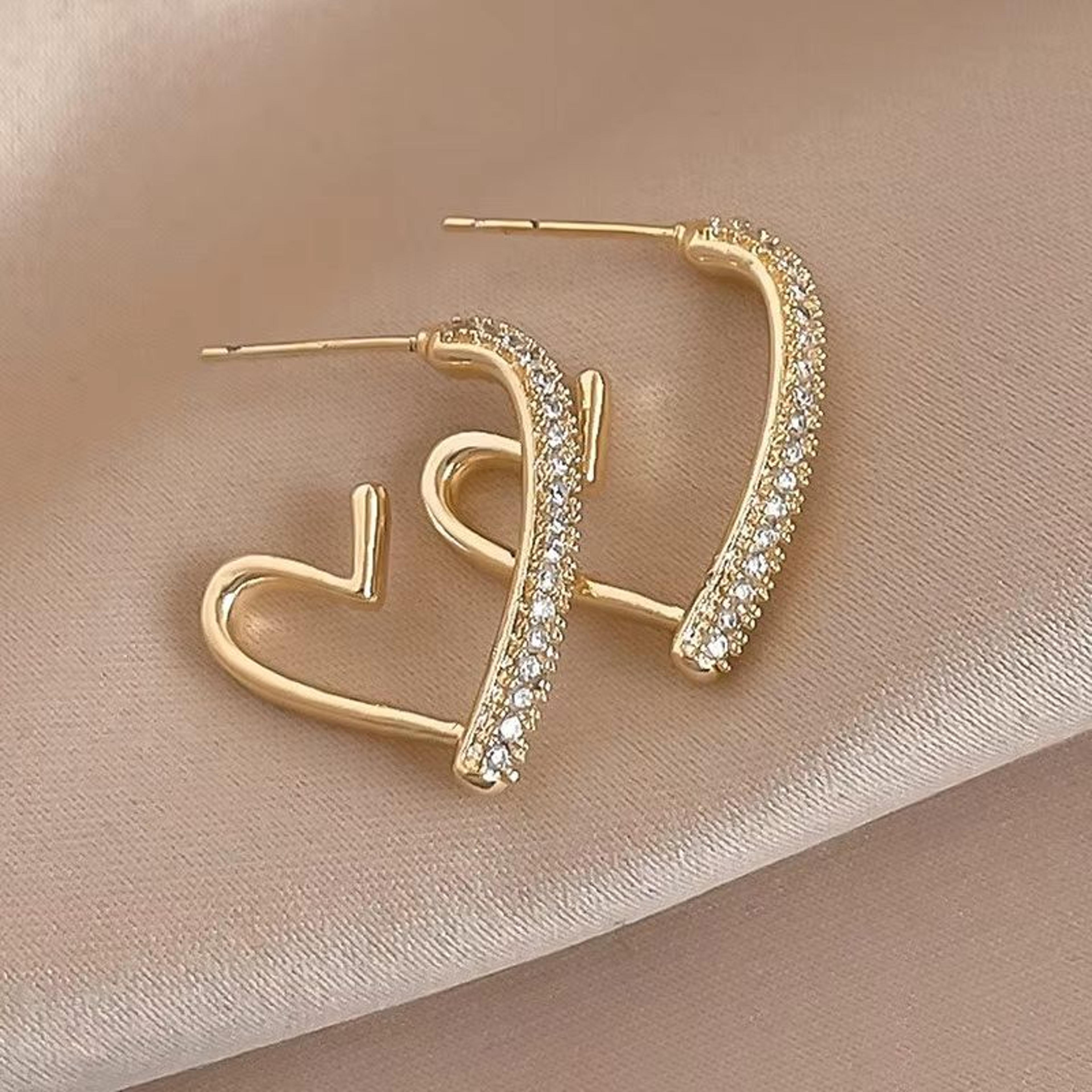korean crystal heart hoop earrings with 925 silver needle for women