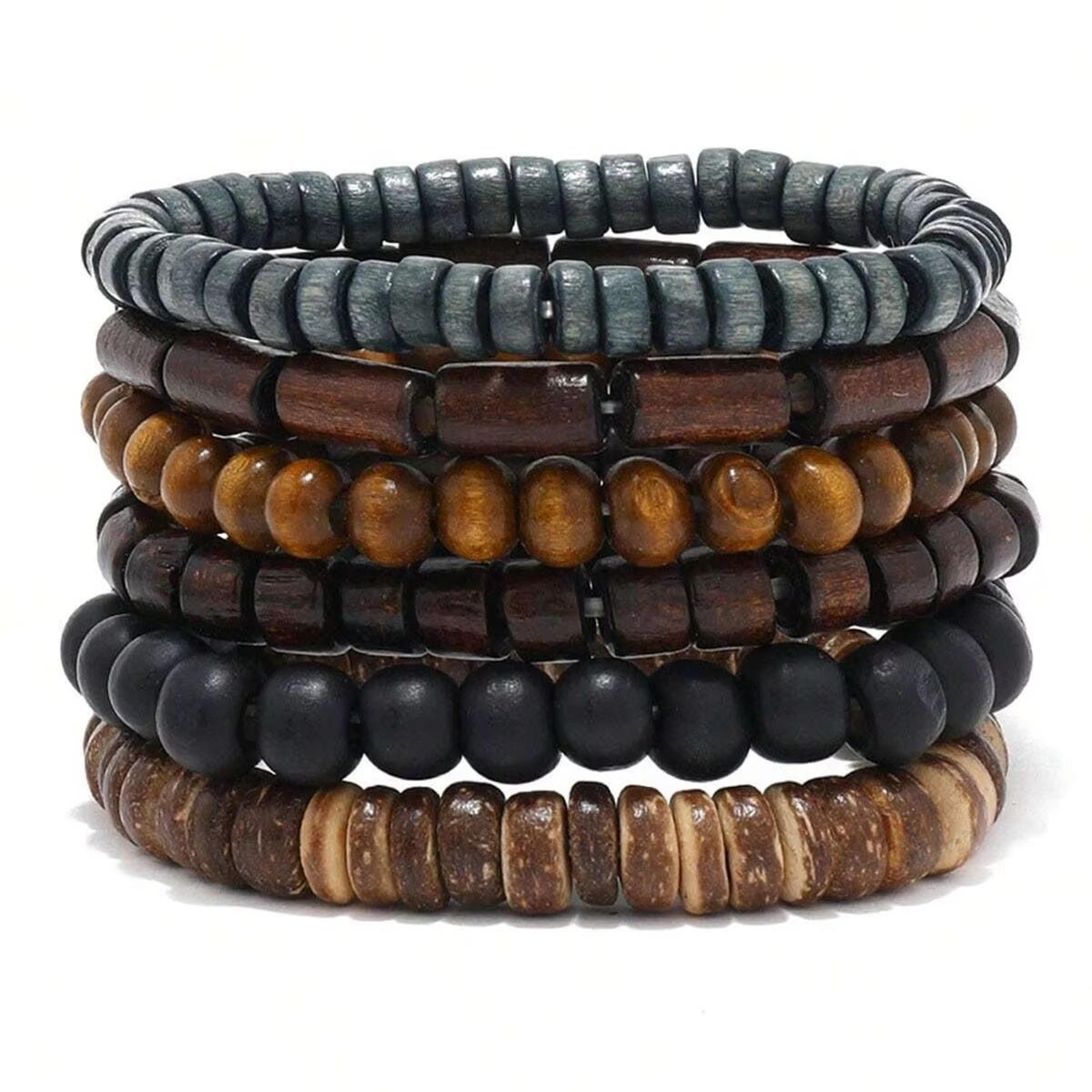 vintage braided leather and wood bead bracelet set for men 6 piece
