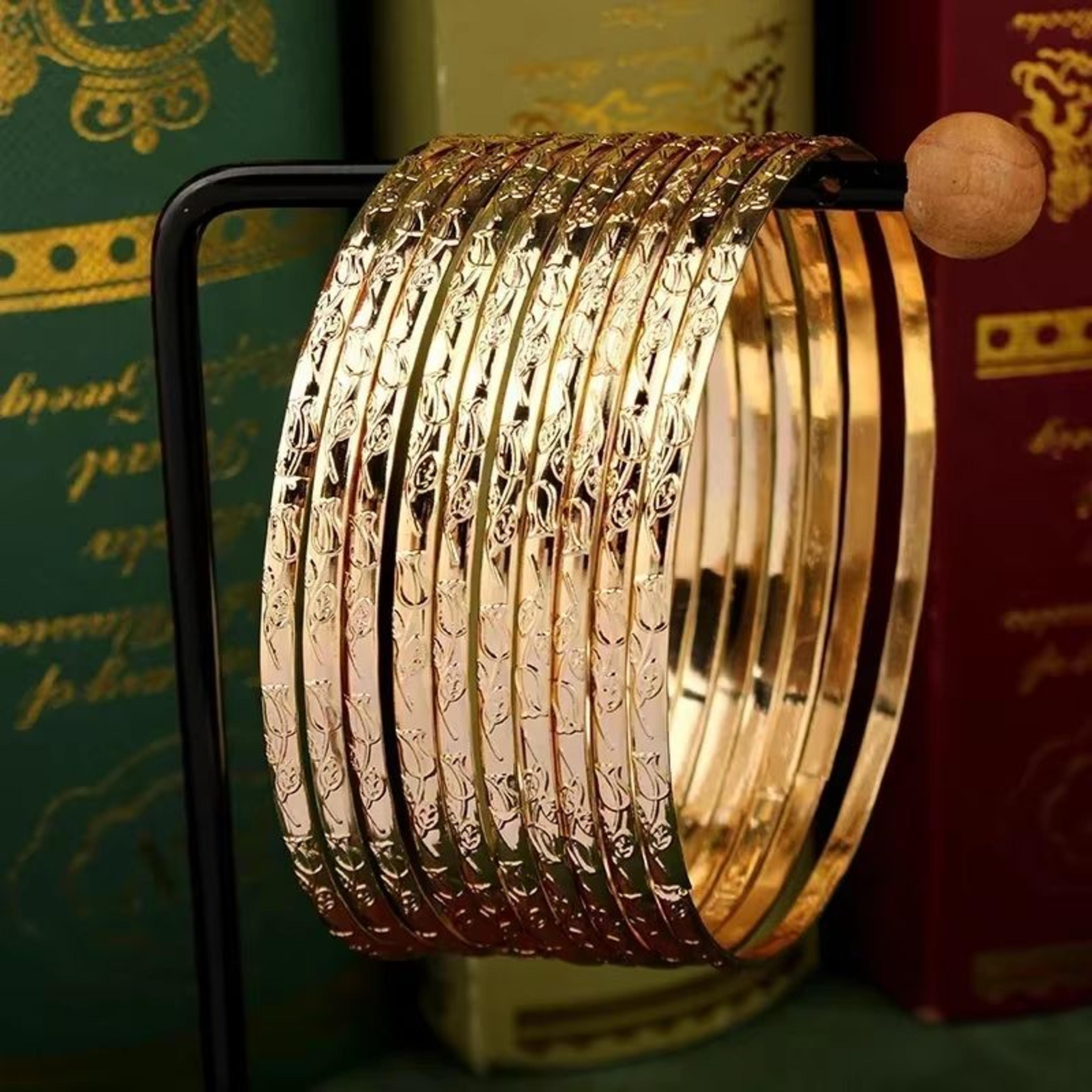herseygold slim gold bangle bracelet set – carved flower layered cuff for brides & everyday elegance