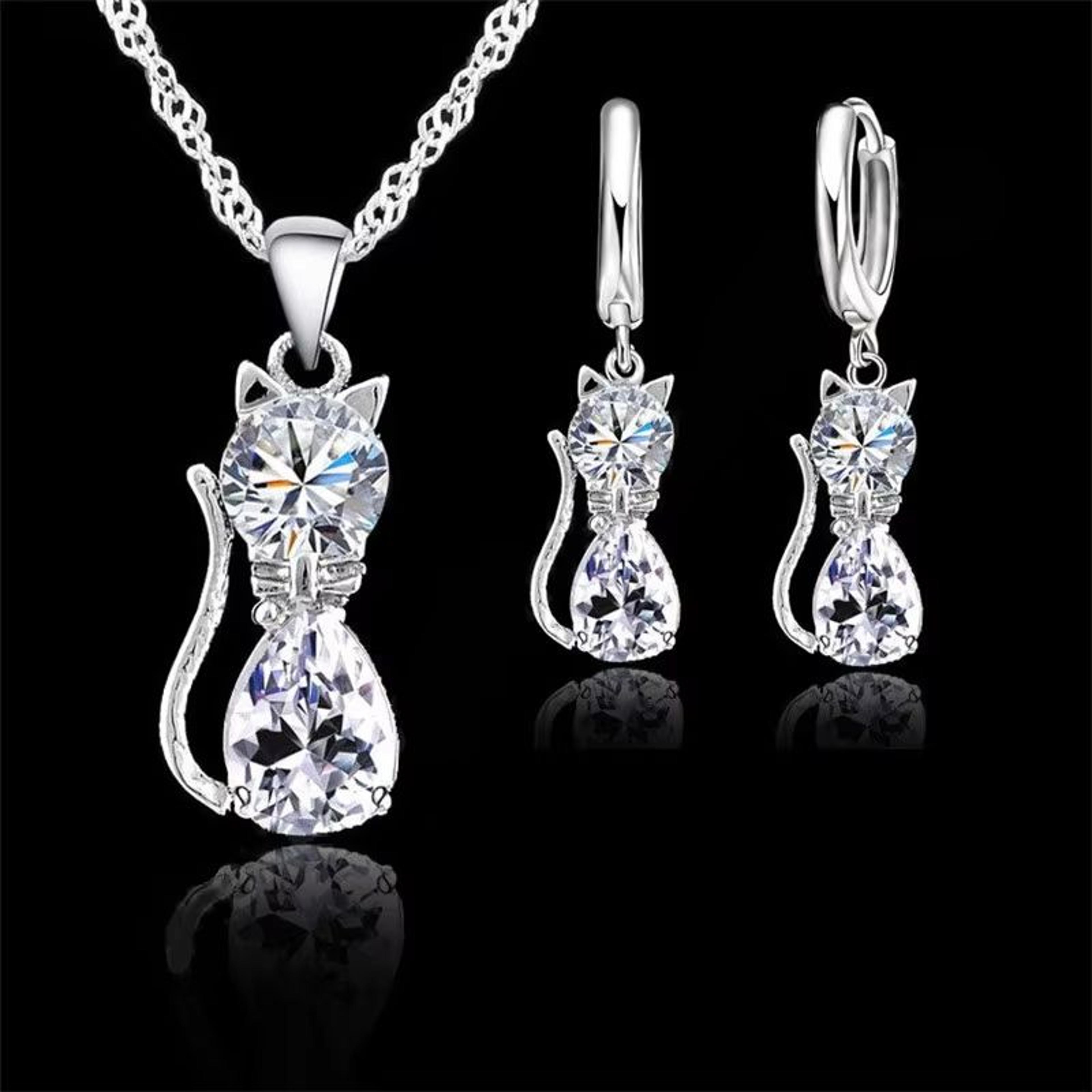 real 925 sterling silver cat jewelry set – austrian crystal cat pendant necklace & huggie earrings for women and girls