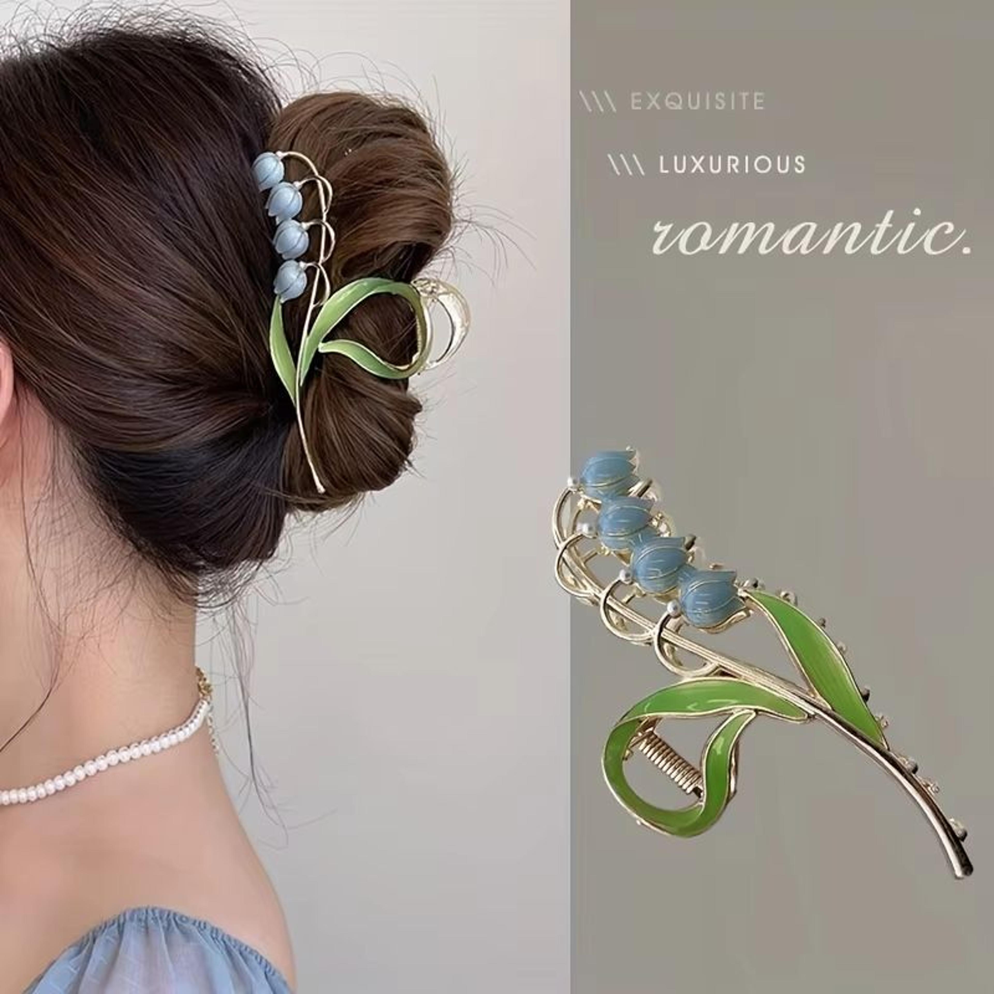 bell orchid floral shark clip – large premium flower hair claw for women & girls