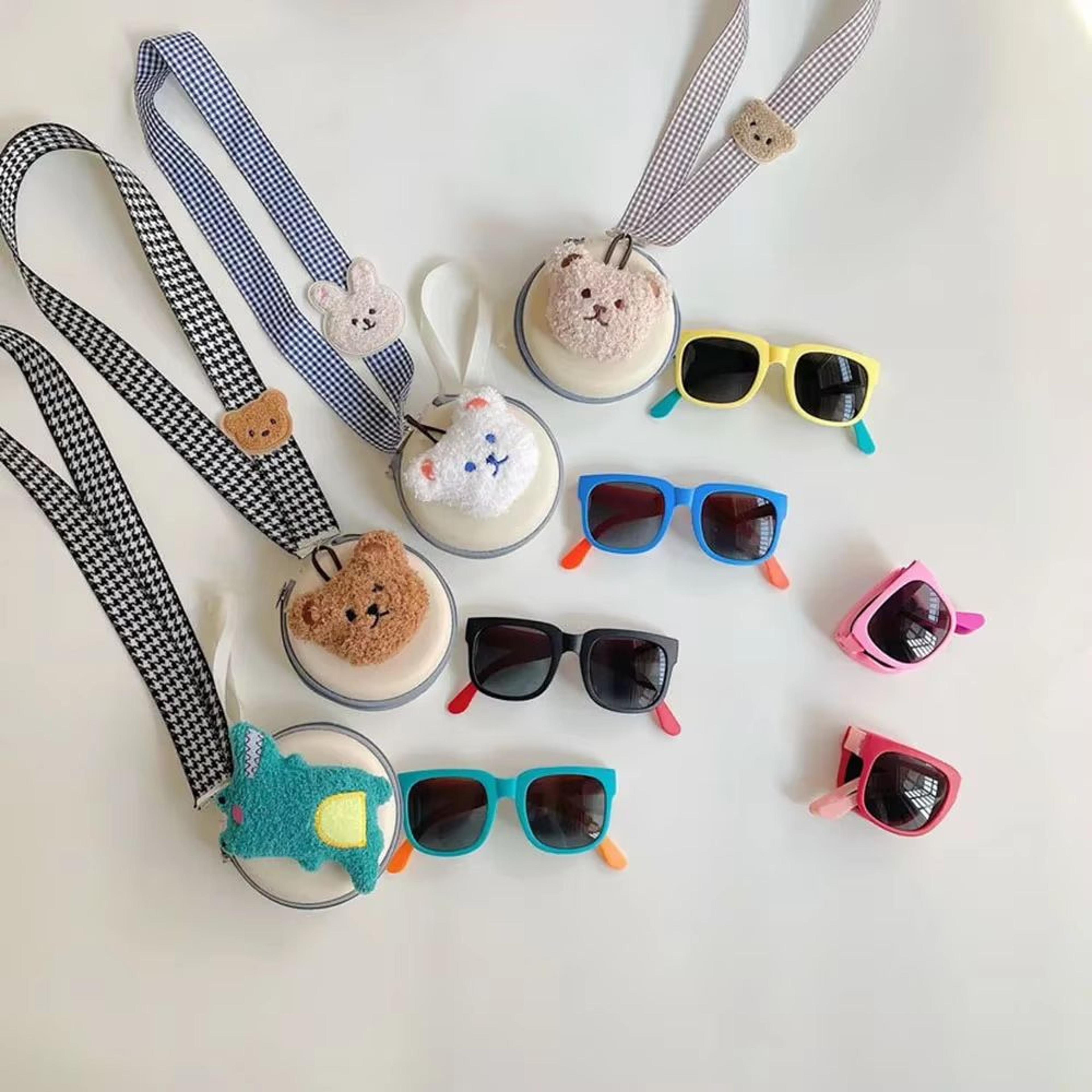 kids foldable neckstrap sunglasses case set – color-block uv400 glasses pouch for boys girls travel sun protection