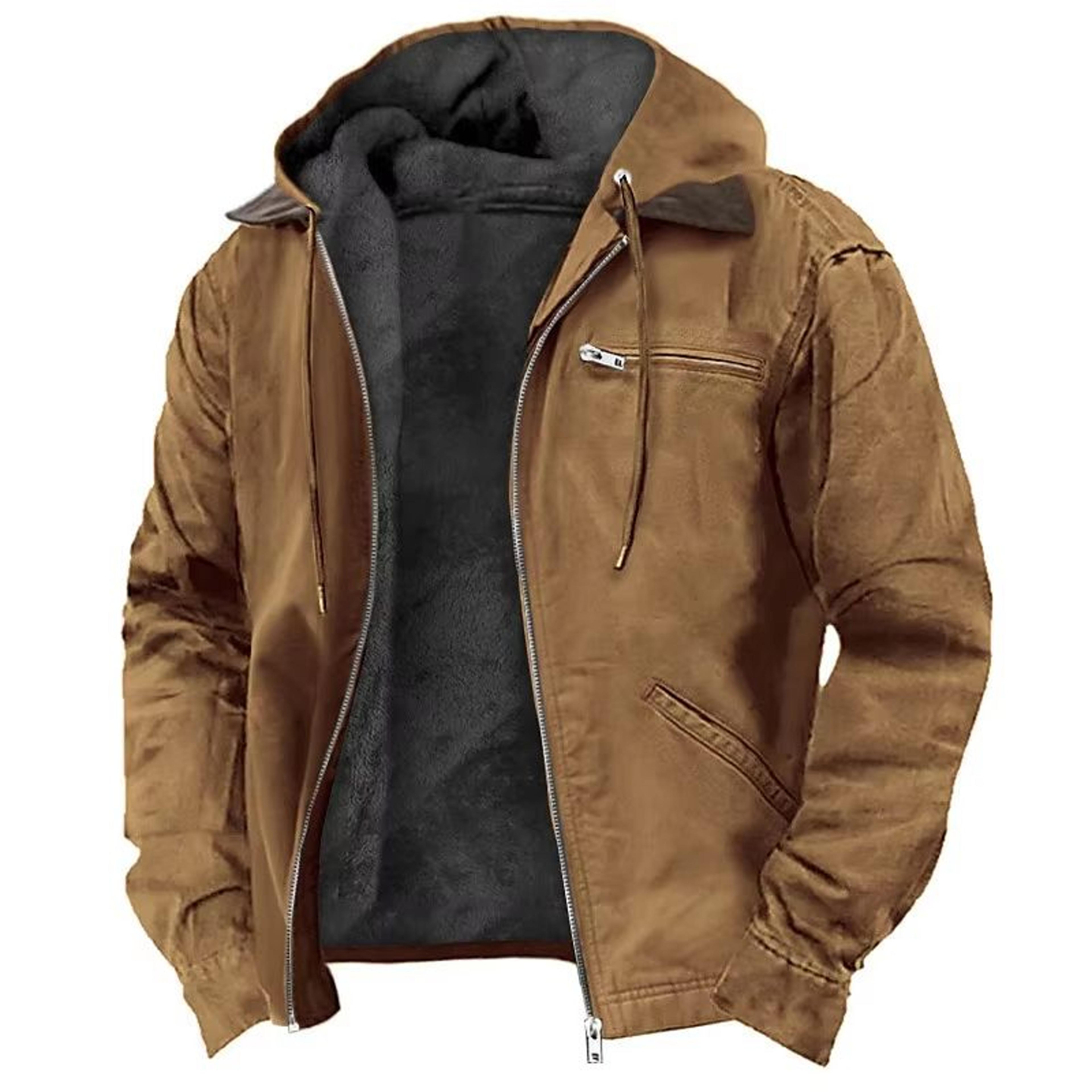 men's autumn winter fleece-lined zipper hooded casual jacket