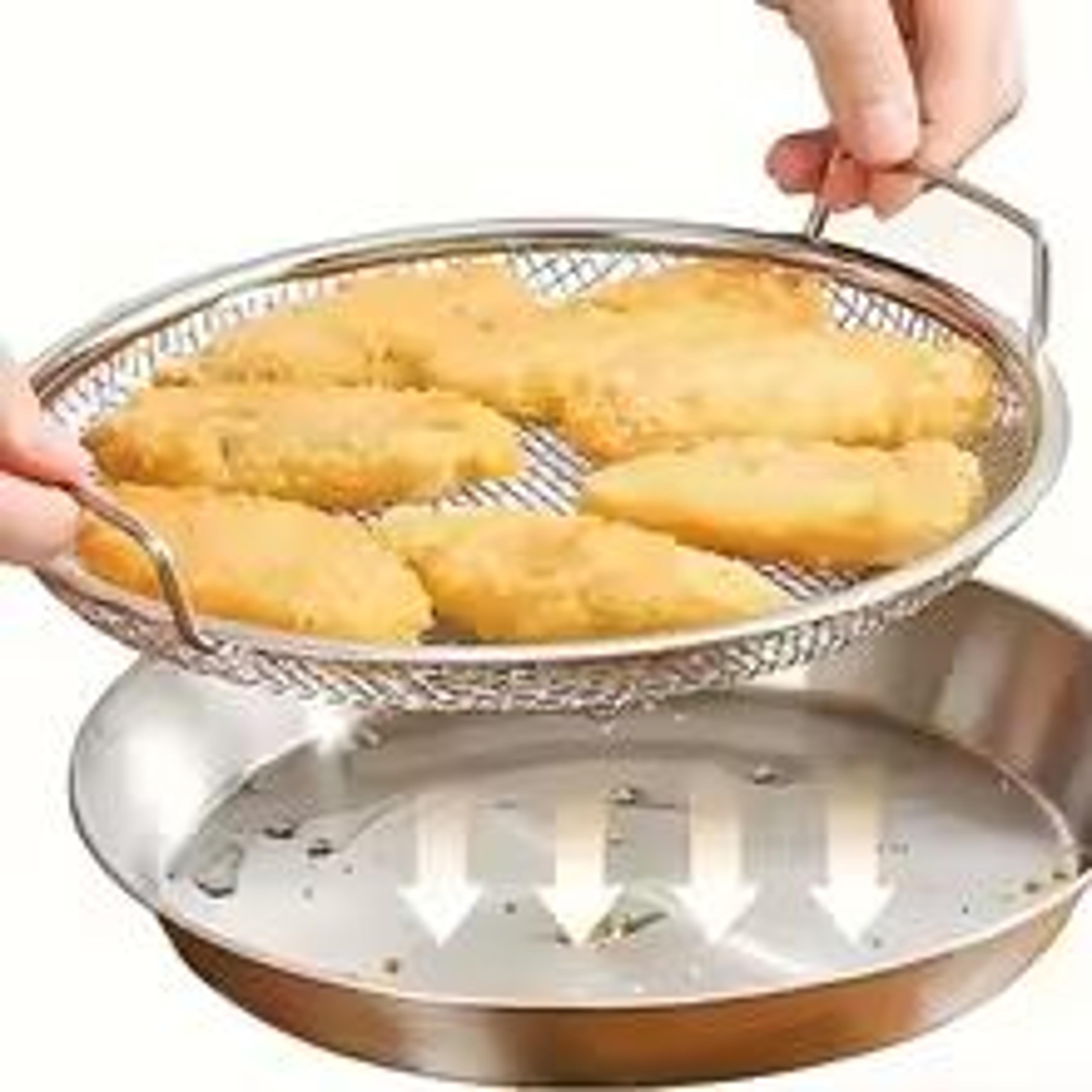 megadrain 304-stainless steel mesh filter tray & round basket for frying and kitchen prep