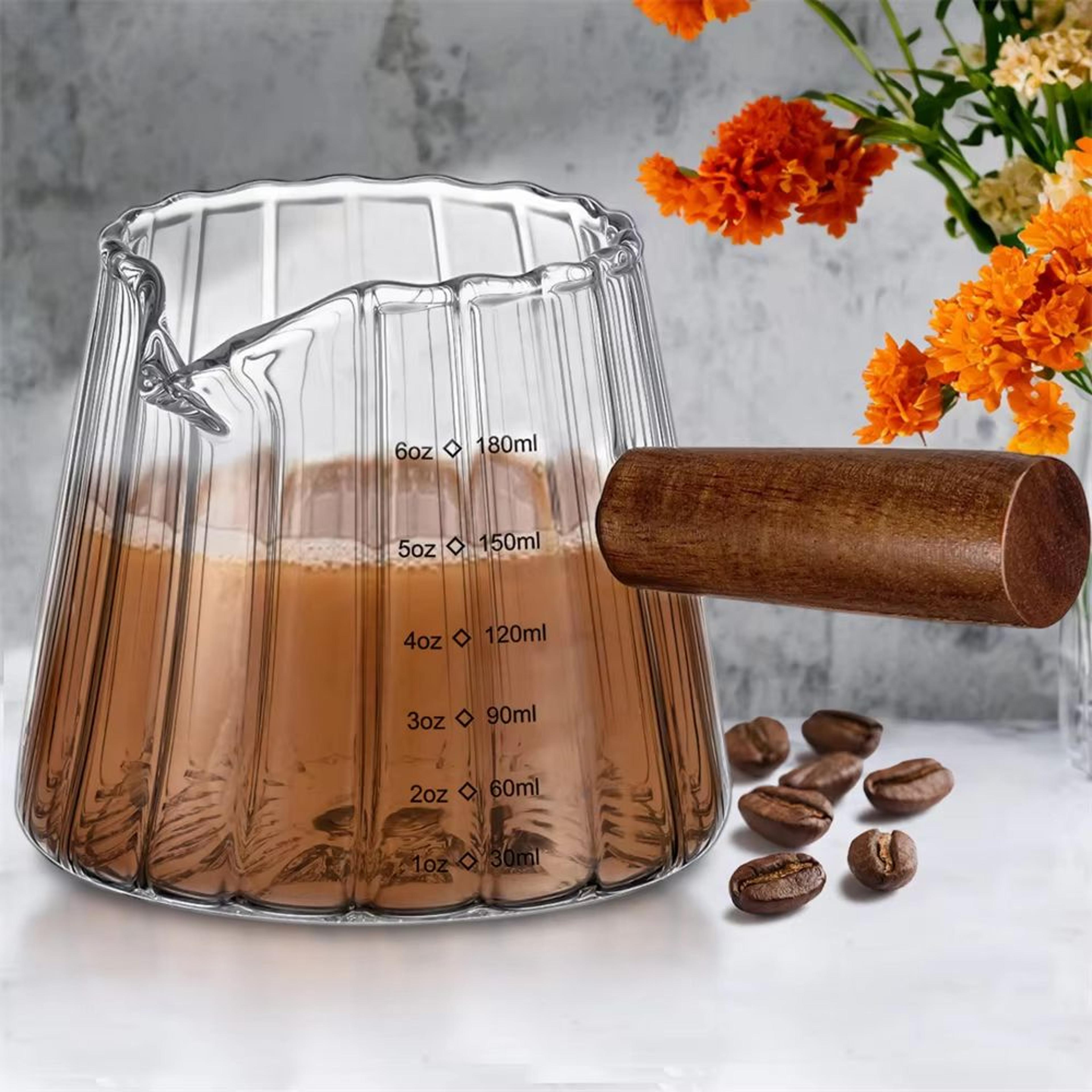 baristacraft glass cup with wood handle – 6oz / 12oz / 16oz drinking mug for coffee, juice & iced drinks