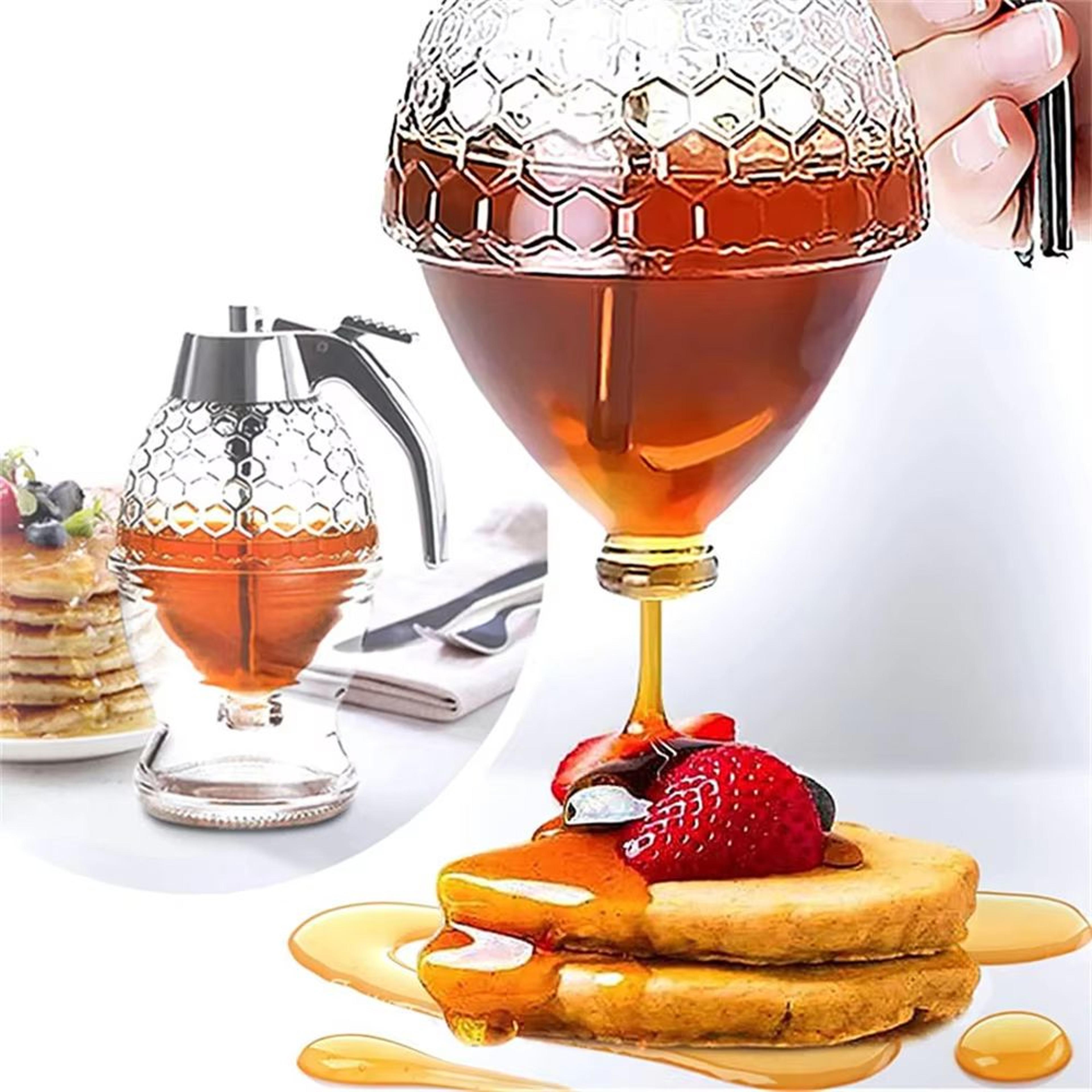 drip-free glass honey dispenser with stand – squeeze bottle for syrup, juice & condiments