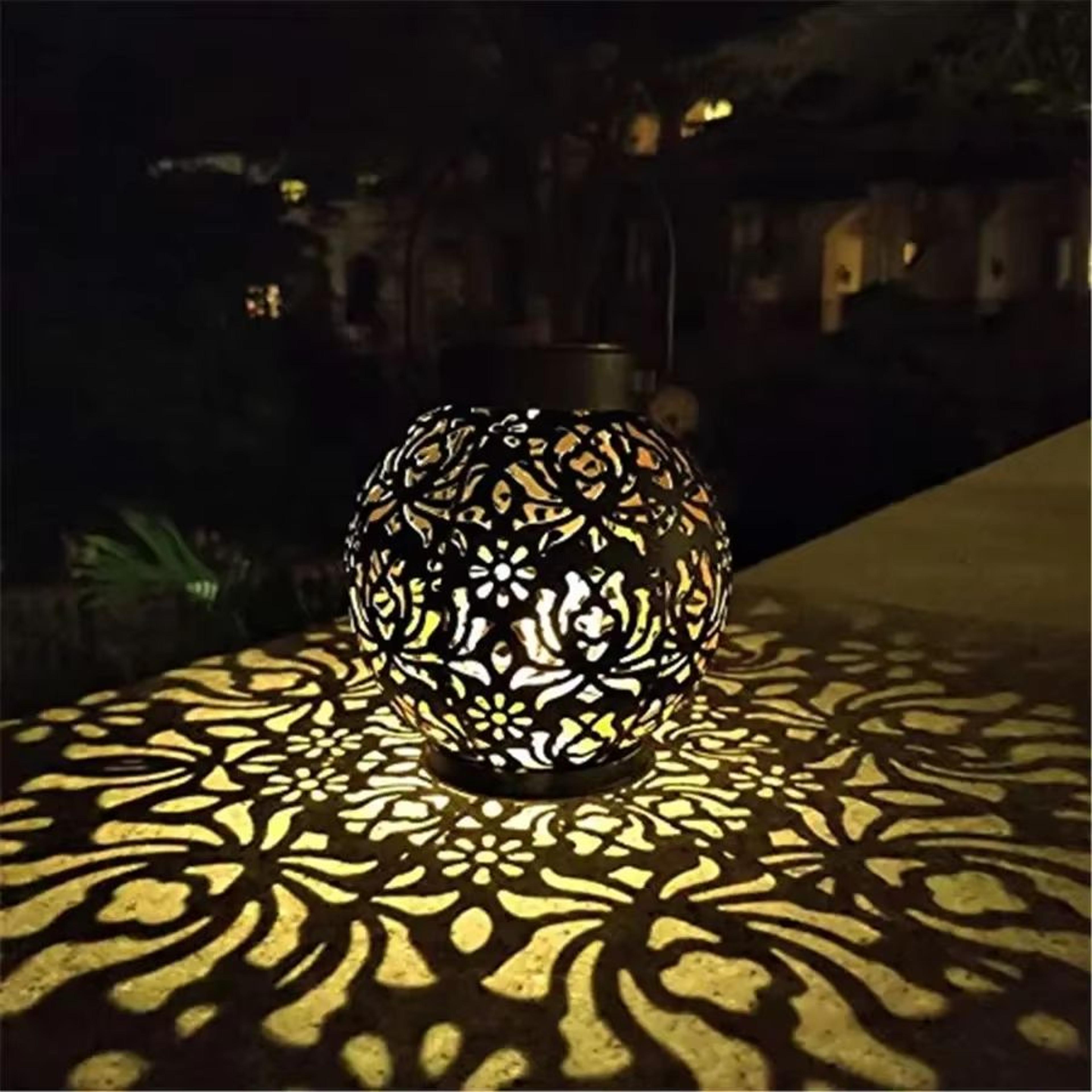solar hollow iron art garden lantern – outdoor hanging led projection light, waterproof for landscape and patio decor