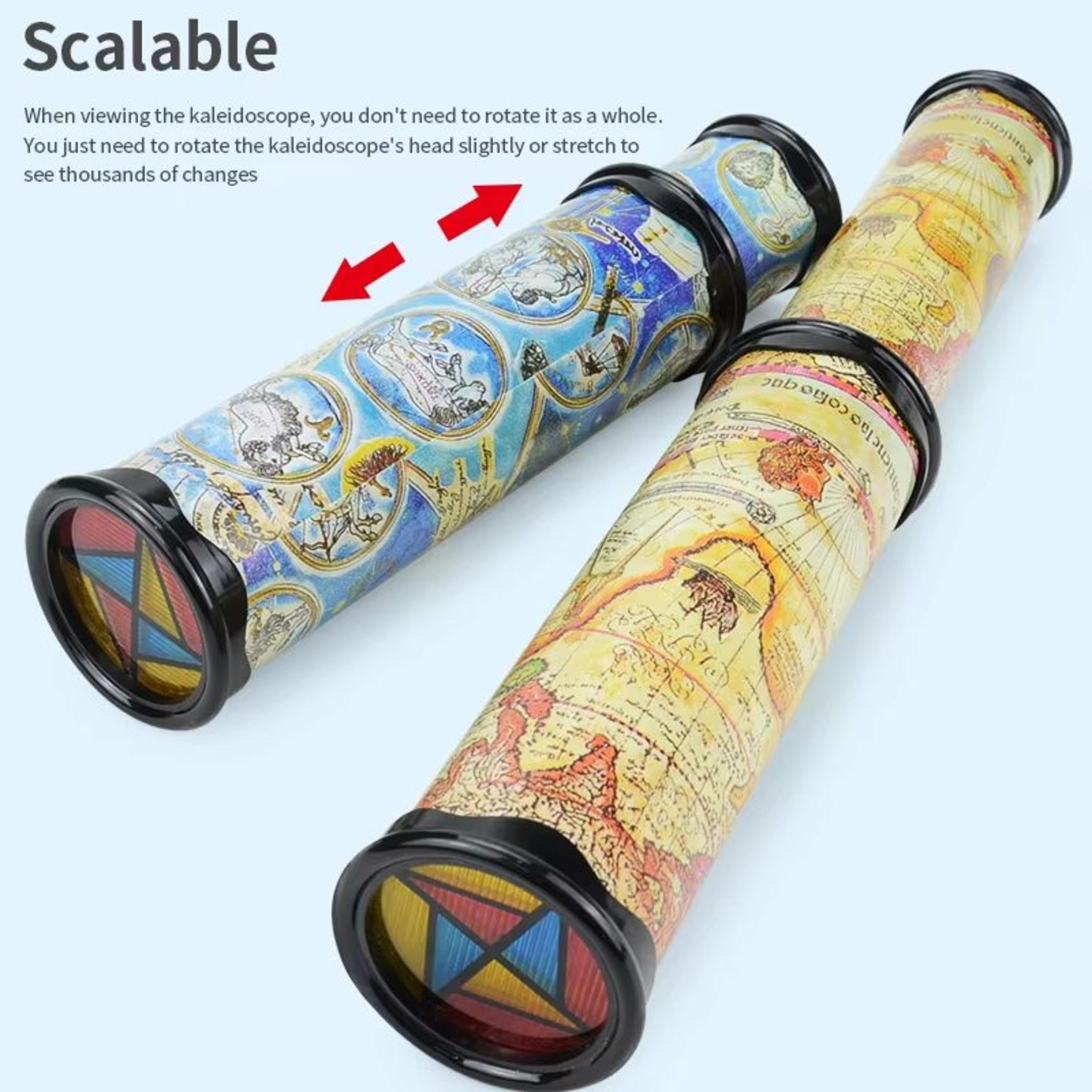 kids retractable kaleidoscope toy with rotating head for colorful visual play
