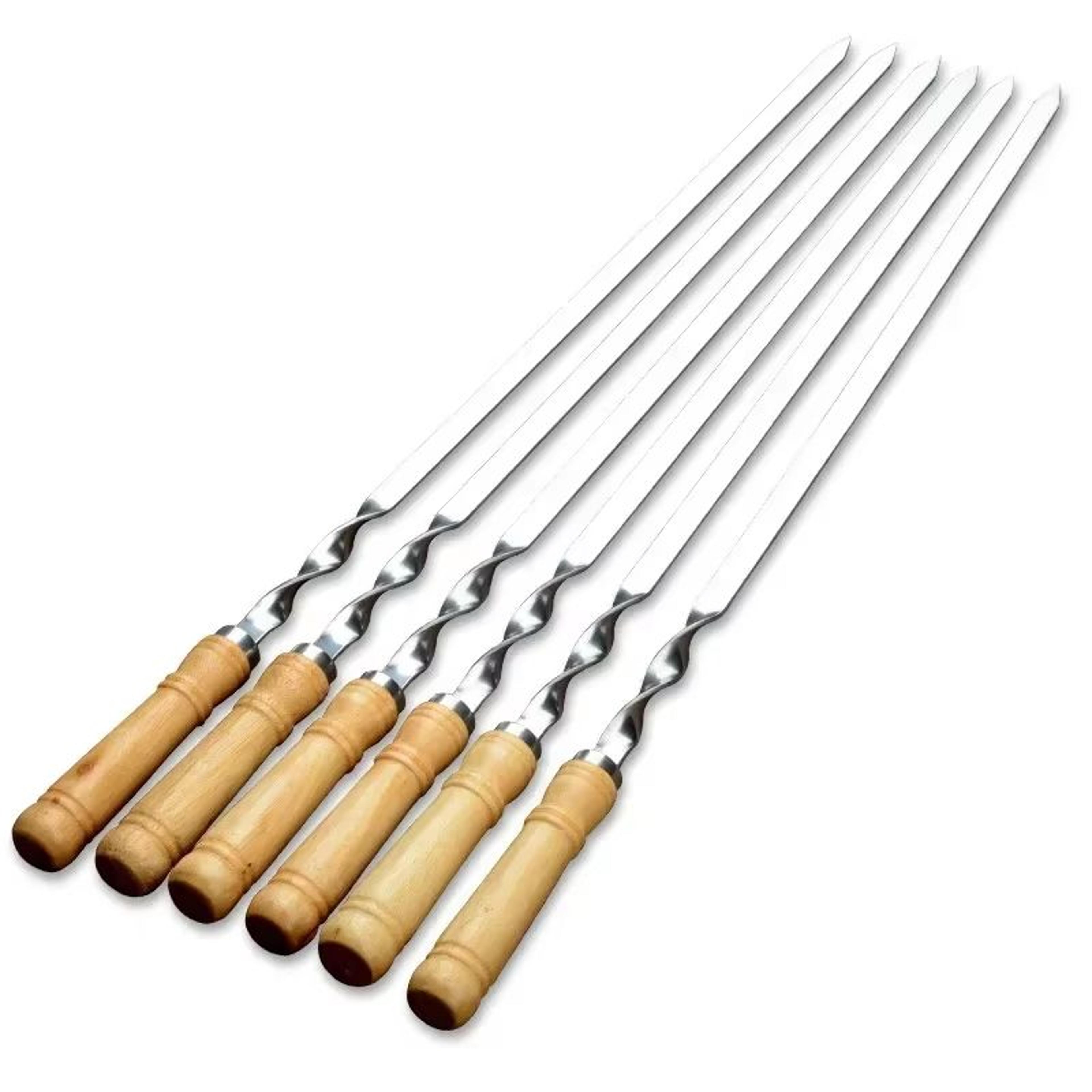 6 piece extra long bbq skewers with wooden handles – stainless steel shish kebab grill sticks